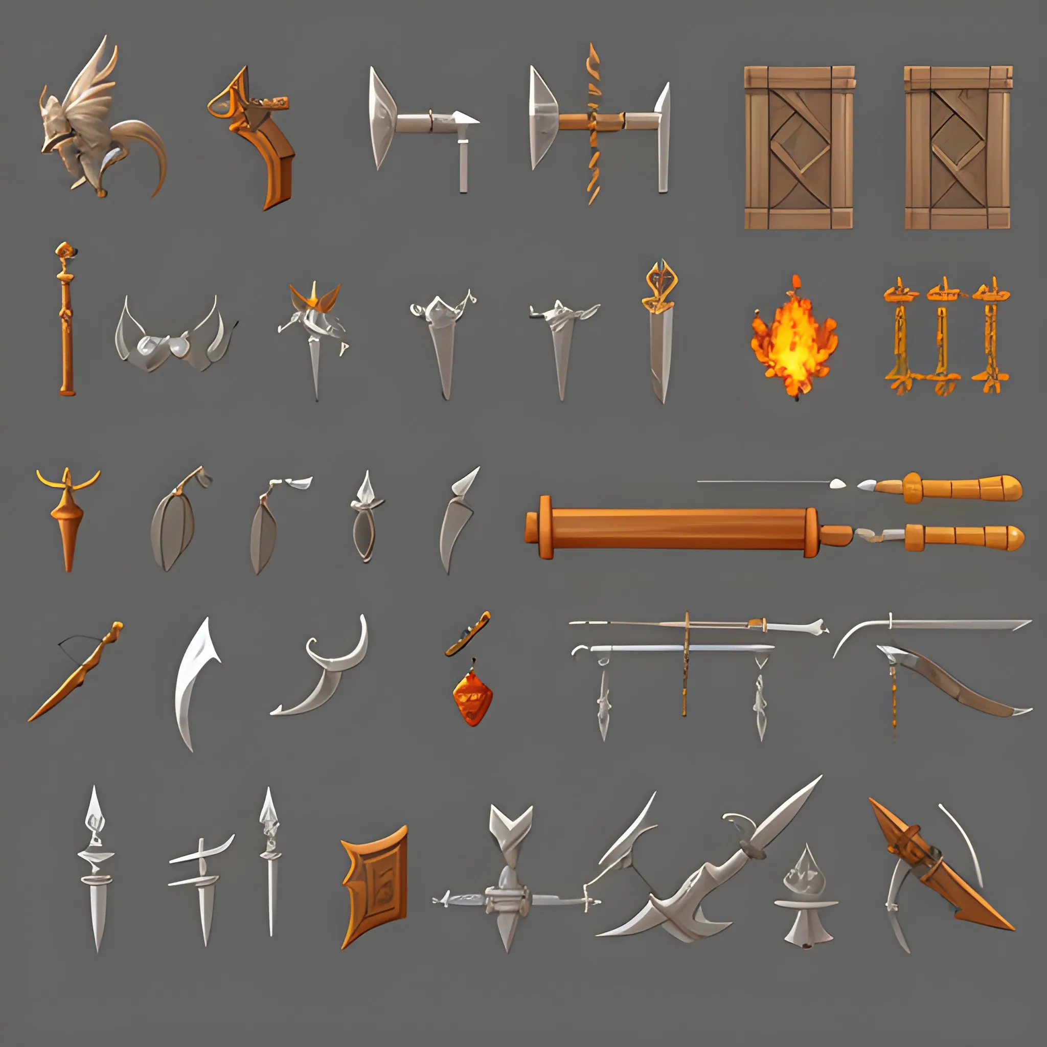 , 3D create concept art of the inventory for the fetesi game, create weapons.