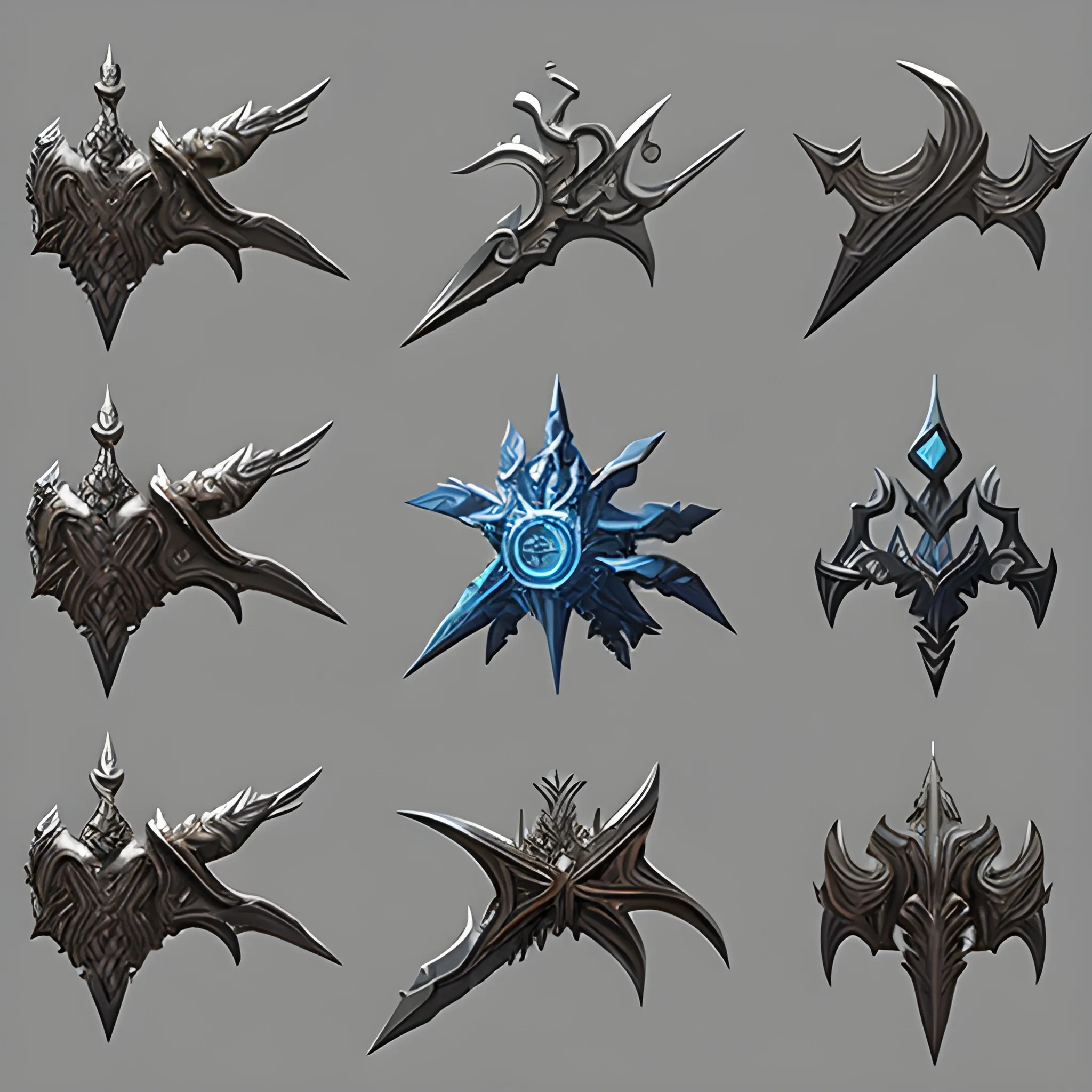 , 3D create concept art for a fantasy game, create weapons.