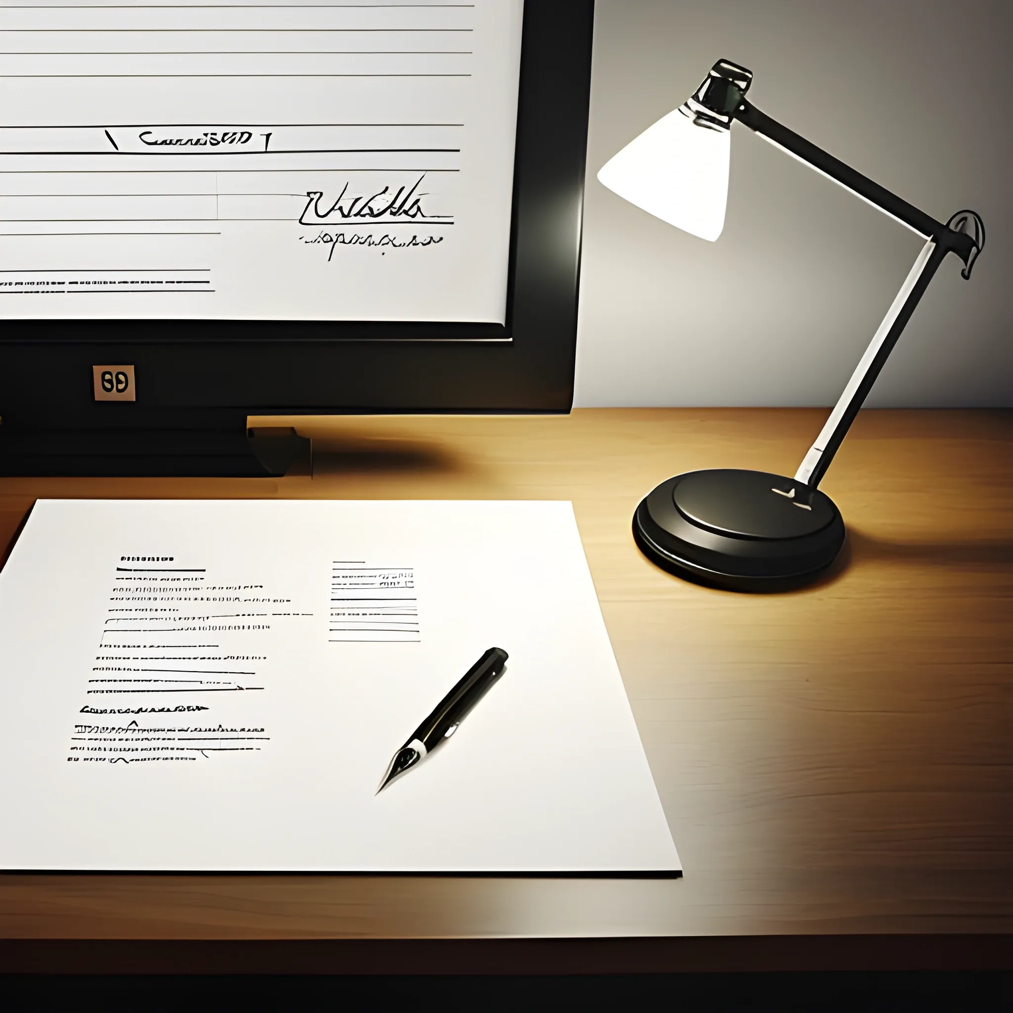 Document is placed on a modern office desk with a computer, some files, and a pen. The desk belongs to an accountant. The setting is well-lit with bright, indoor lighting. The overall style matches the clean, professional, and minimalist theme by lois van baarle, Water Color, stains marks.