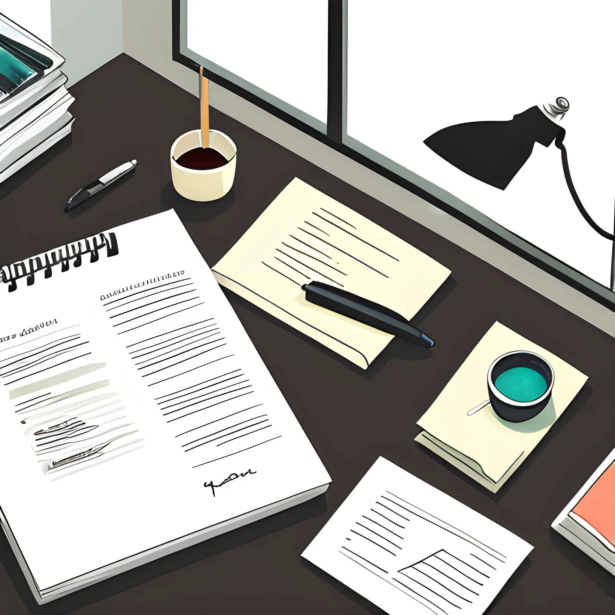 A illustration document is placed on a modern office desk with a computer, some files, and a pen. The desk belongs to an accountant. The setting is well-lit with bright, indoor lighting. The overall style matches the clean, professional, and minimalist theme by lois van baarle, Water Color, stains marks.