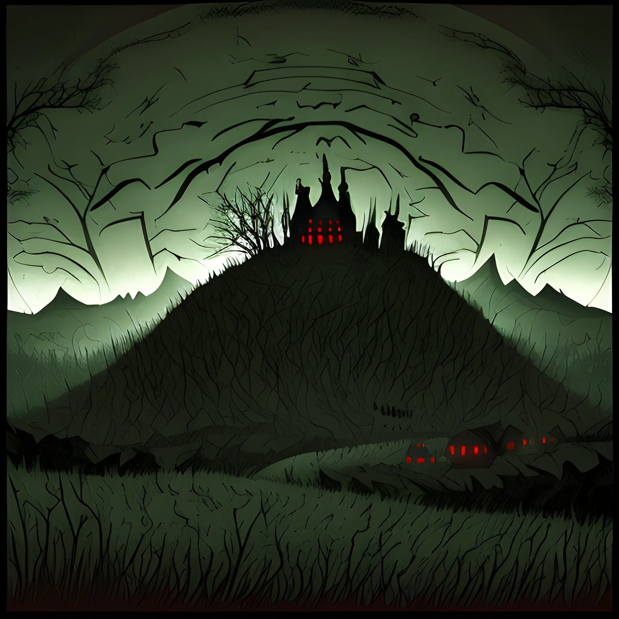 Ai generate art horror landscape, dark landscape, horror illustration, dark illustration, horror hill view, dark hill view.