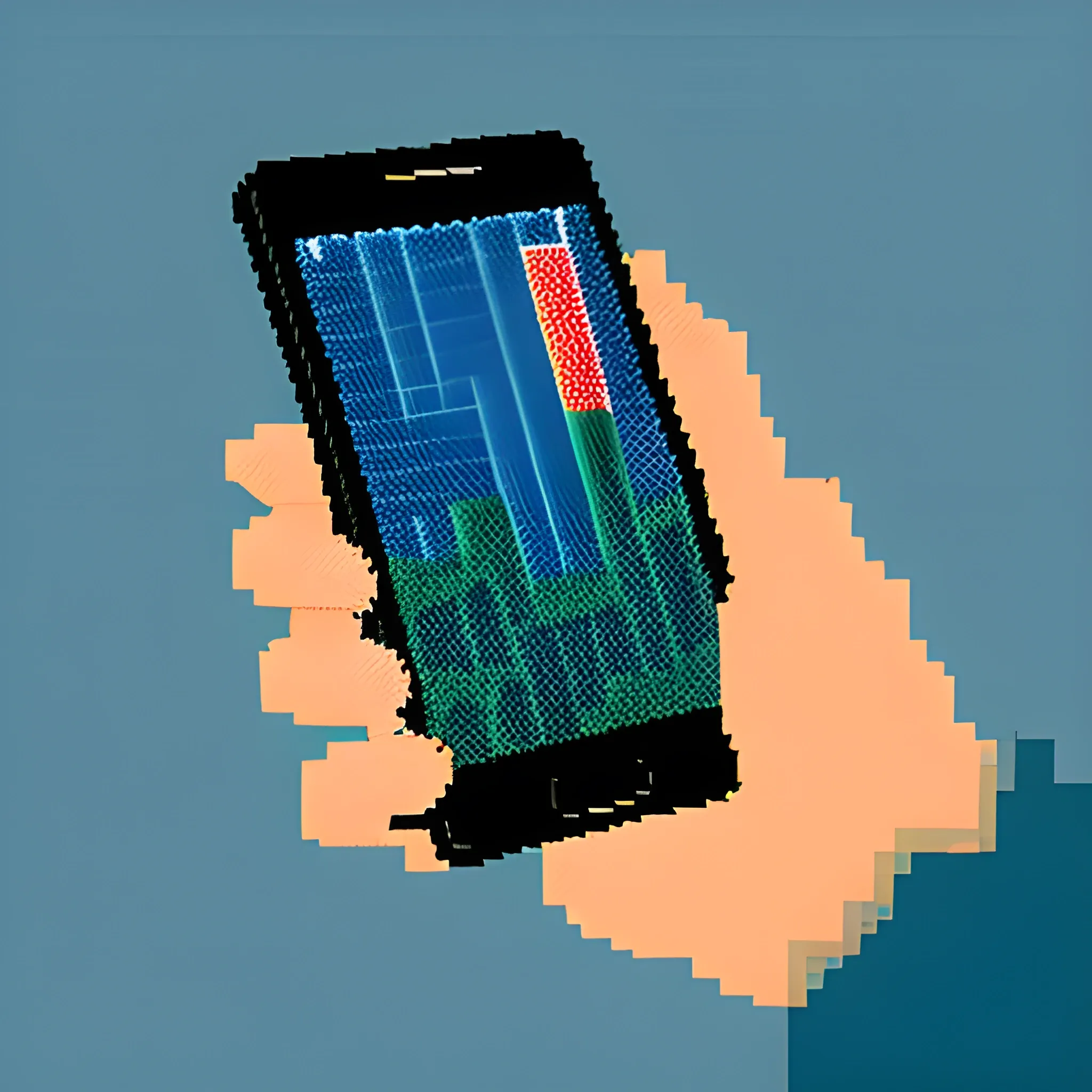 man hold smartphone in pixel art style