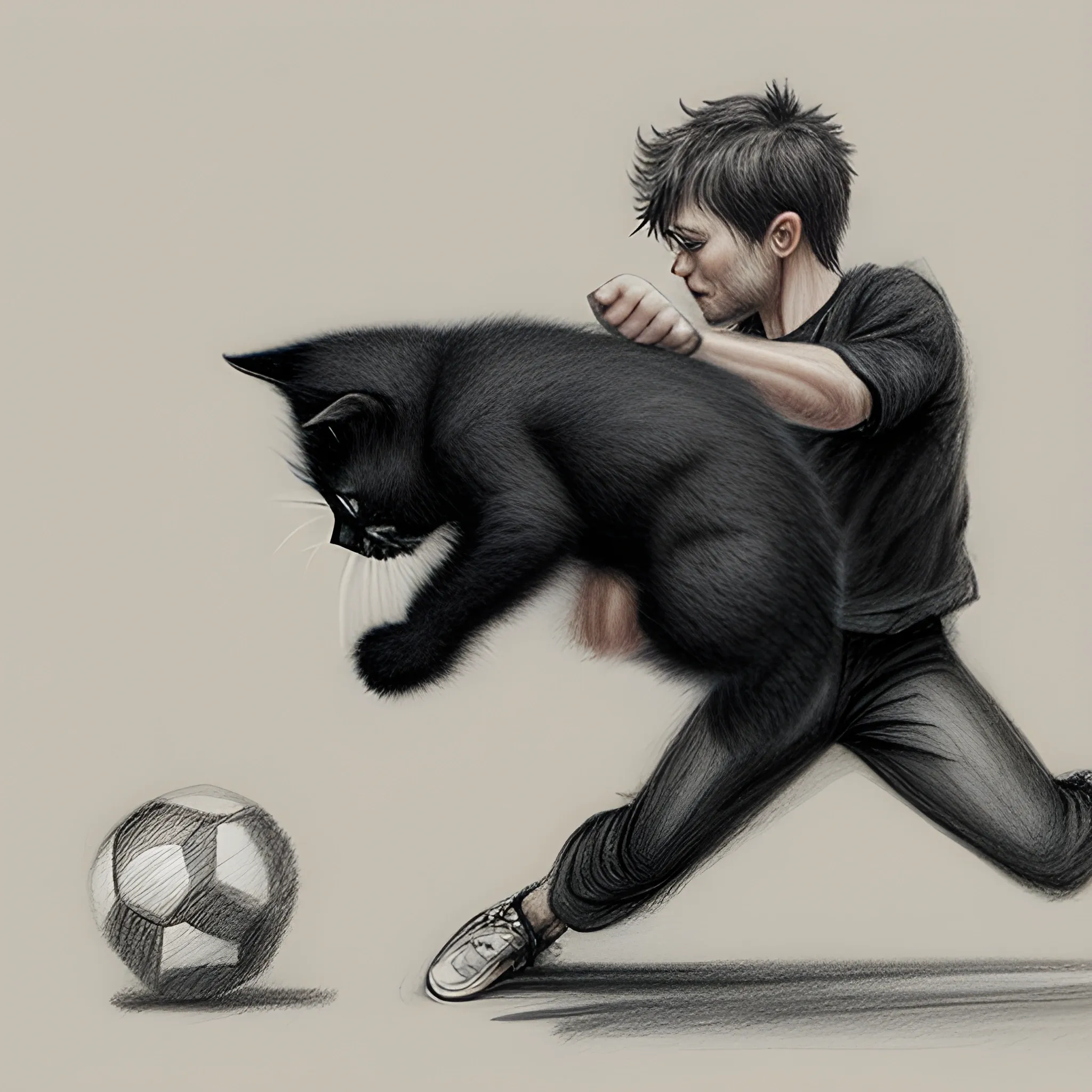 man kicking black kitten, Pencil Sketch