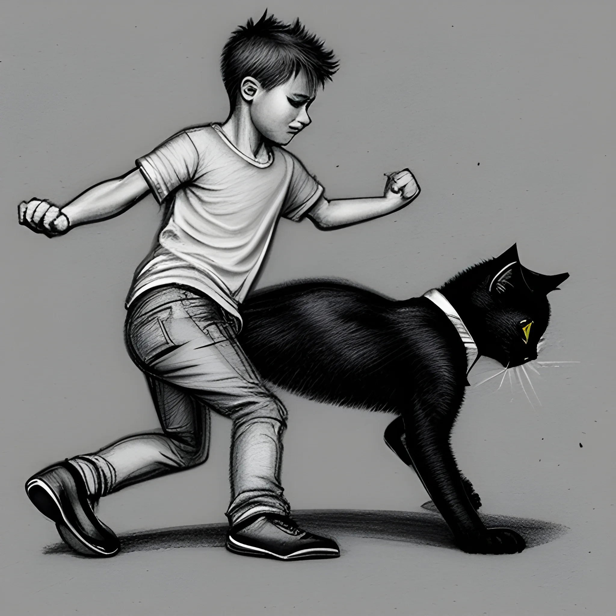 man kicking black kitten, Pencil Sketch