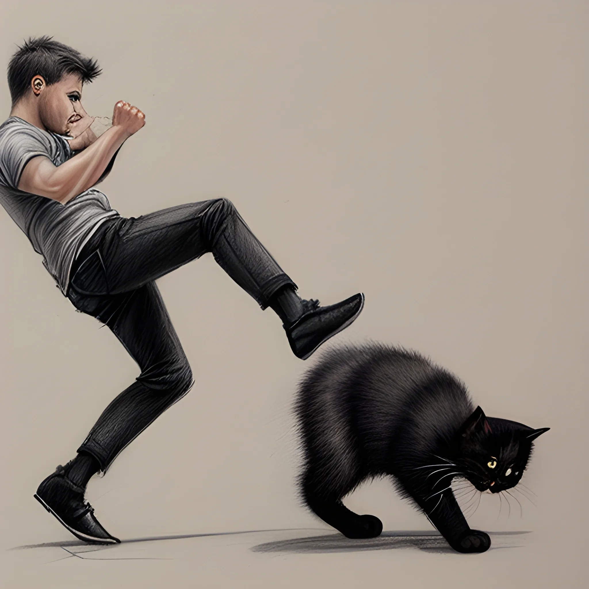 man kicking black kitten, Pencil Sketch