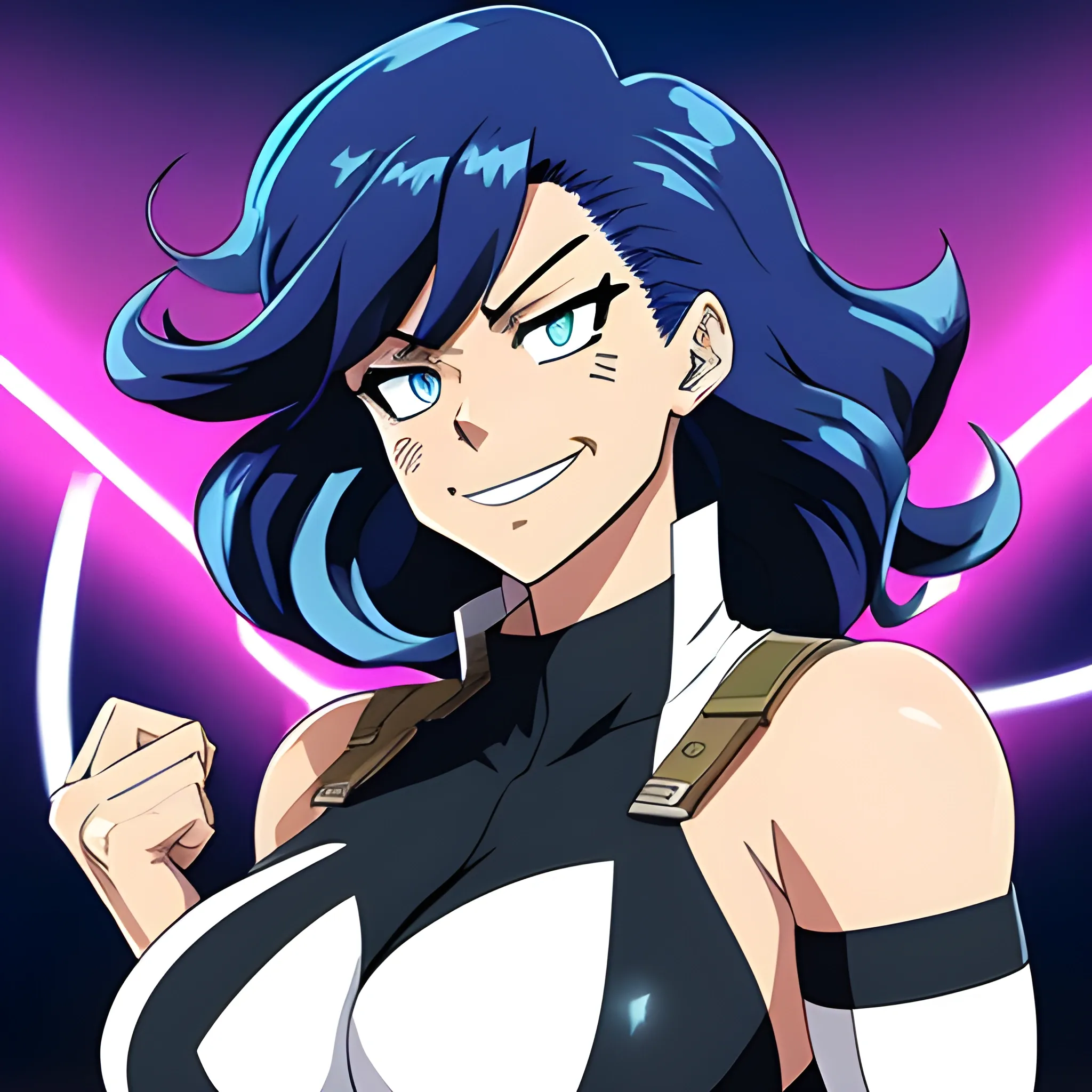 My hero academia style, curvy girl with long curly dark blue hair and bright blue eyes 