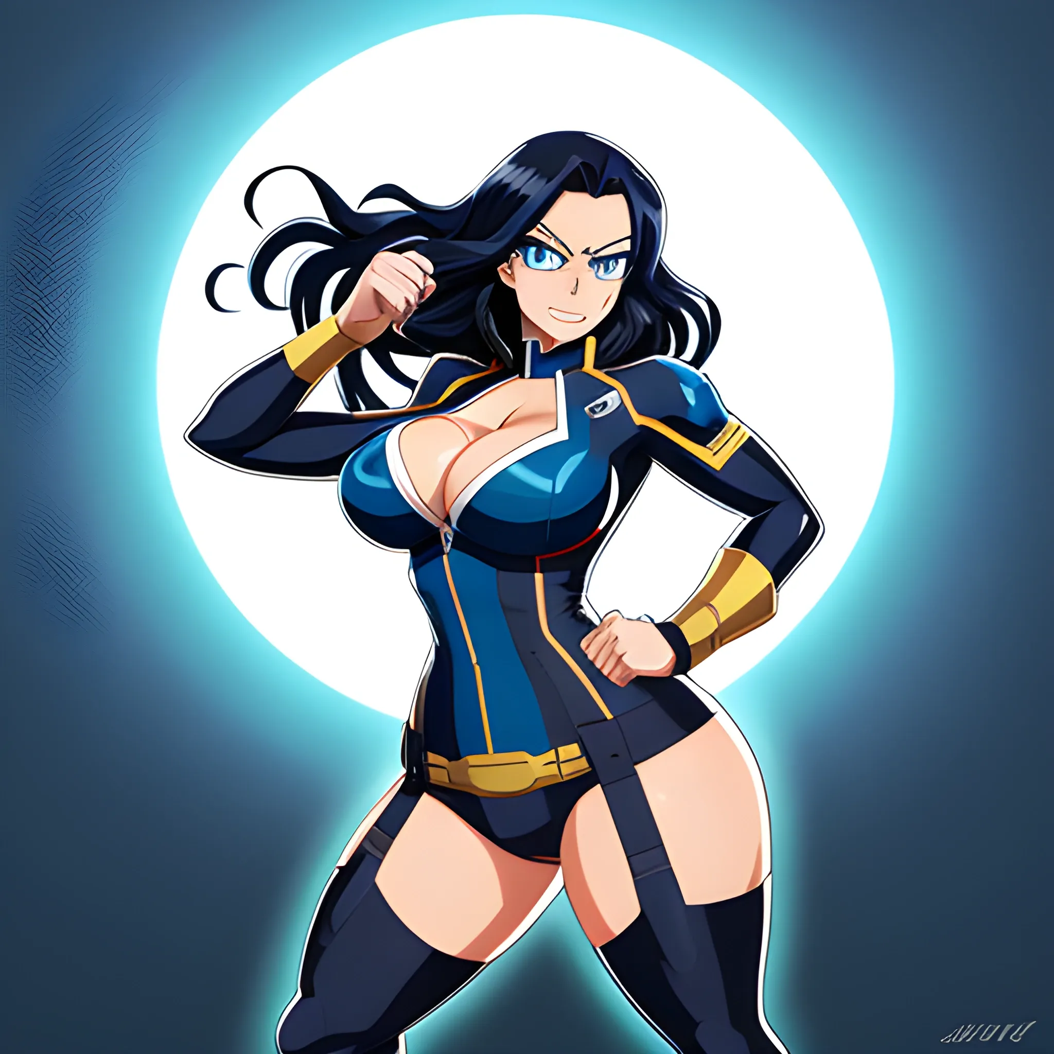 My hero academia style, curvy girl with long curly dark blue hair and bright blue eyes 