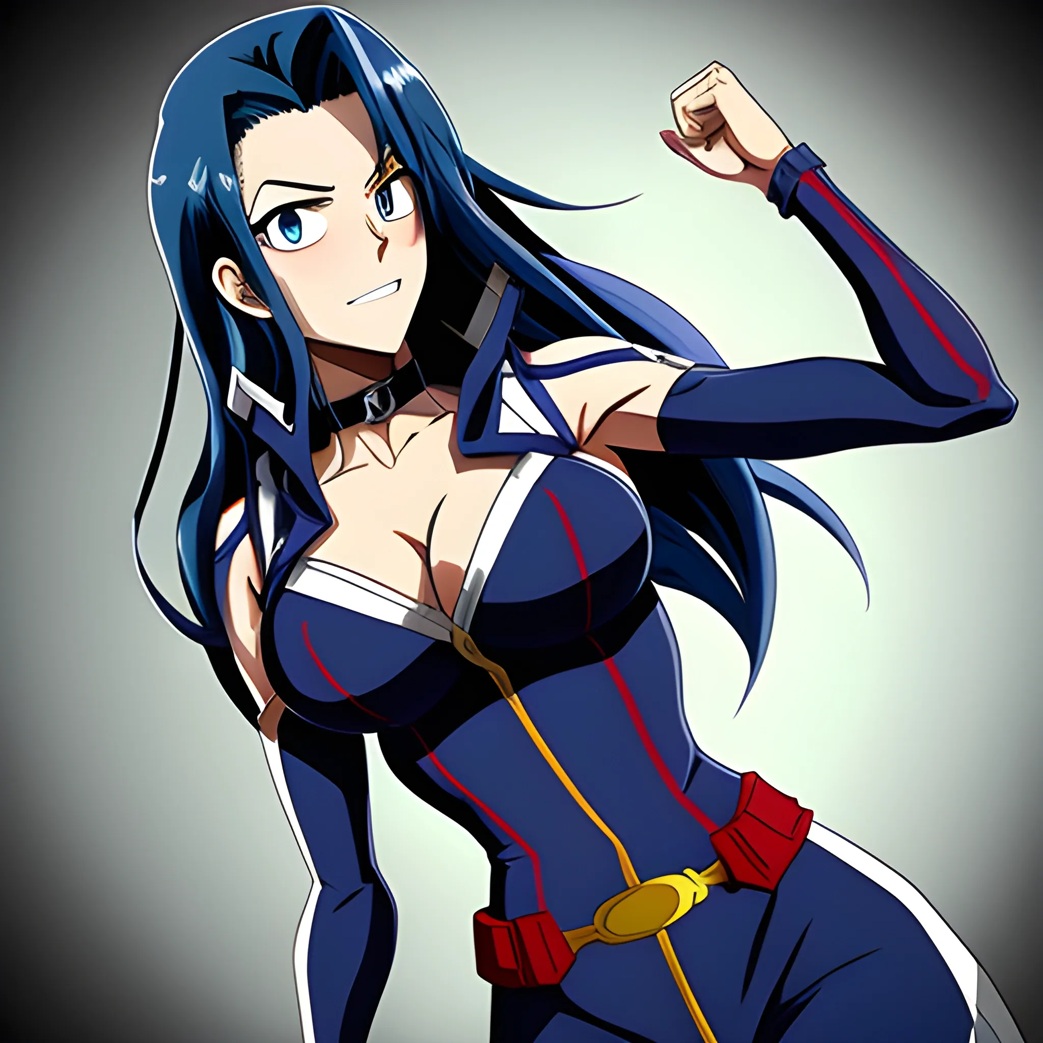 My hero academia style, girl with long curly dark blue hair and bright blue eyes 