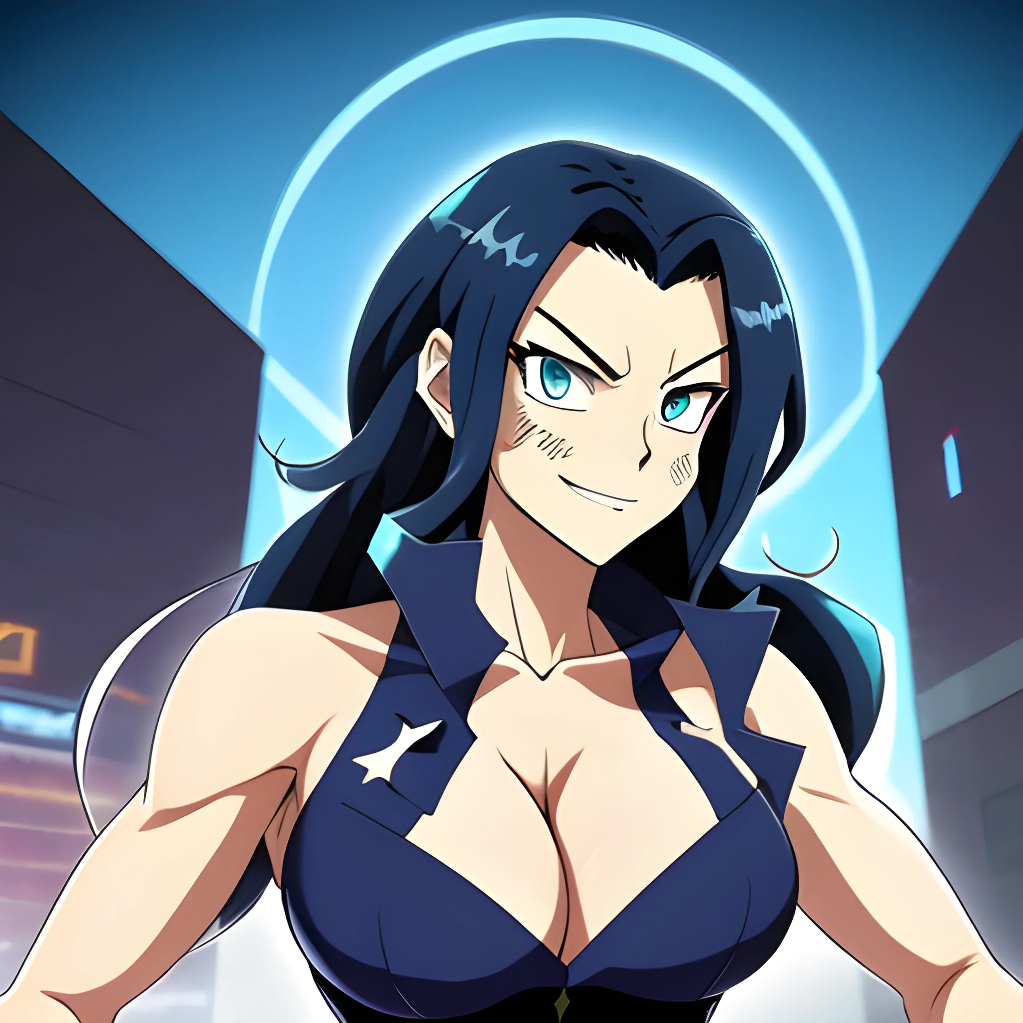 My hero academia style, girl with long curly dark blue hair and bright blue eyes 