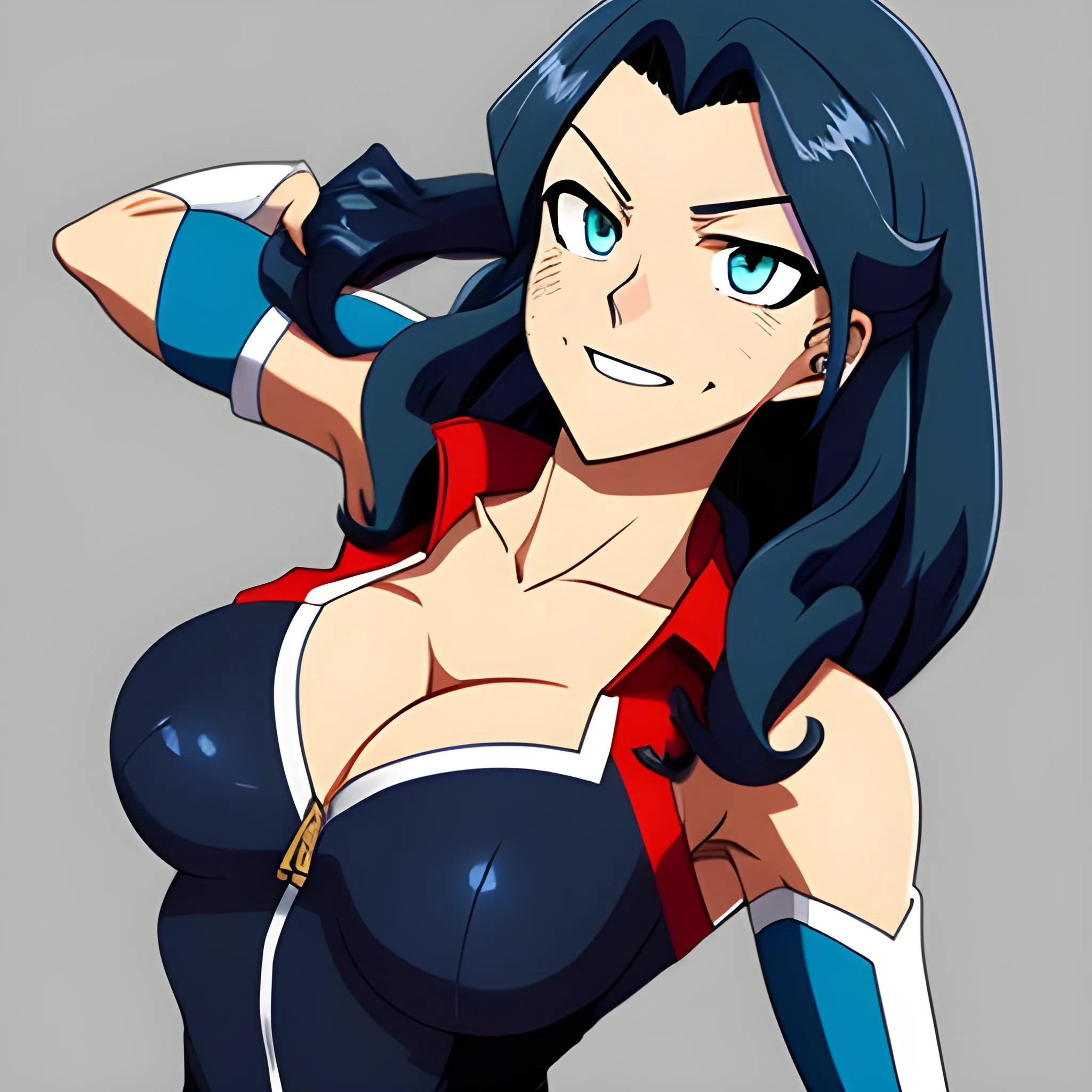 My hero academia style, girl with long curly dark blue hair and bright blue eyes 