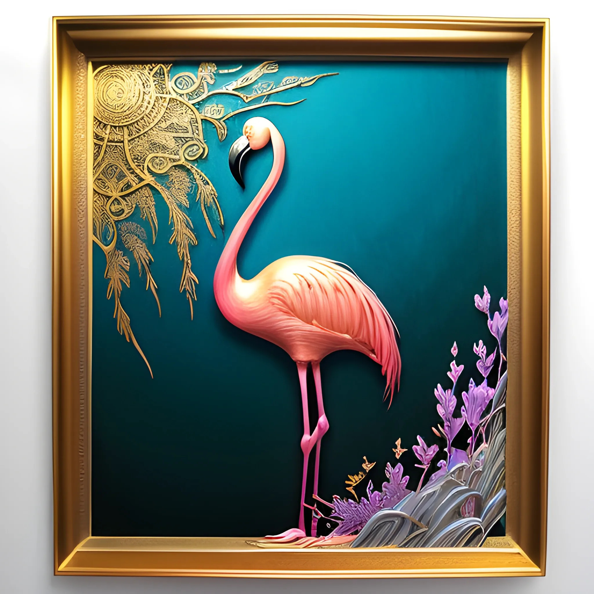 ONE FLAMINGO!! 3D aquarelle painting, 3D embossed abstract fine line pencil drawing, a magnificent enchanting Japanese landscape with one anatomically perfect flamingo on the banks of a lake, ripples, surrounded by magnolia trees and sea oats, big gold foil sun in background, white stripes, small triangles and geometric patterns in pink and lavender, cornflower blue and gold, fine line drawing executed with calligraphic precision, textured with gold, copper, black, cerulean blue and silver threads, filigree, very defined lines in the style of Esao Andrews and Brendan Monroe. Chinese ink painting, muted colors, rice paper texture, splashes of lavender and gold color. Rich and varied textures, 3D brushwork, hints of kintsugi gold cracks, intricately detailed. An intricate pattern that delights with its unusual and precise lines, a harmonious combination of colors, a masterpiece inspired by Odilon Redon; sparkles, glitter, anatomically perfect flamingo