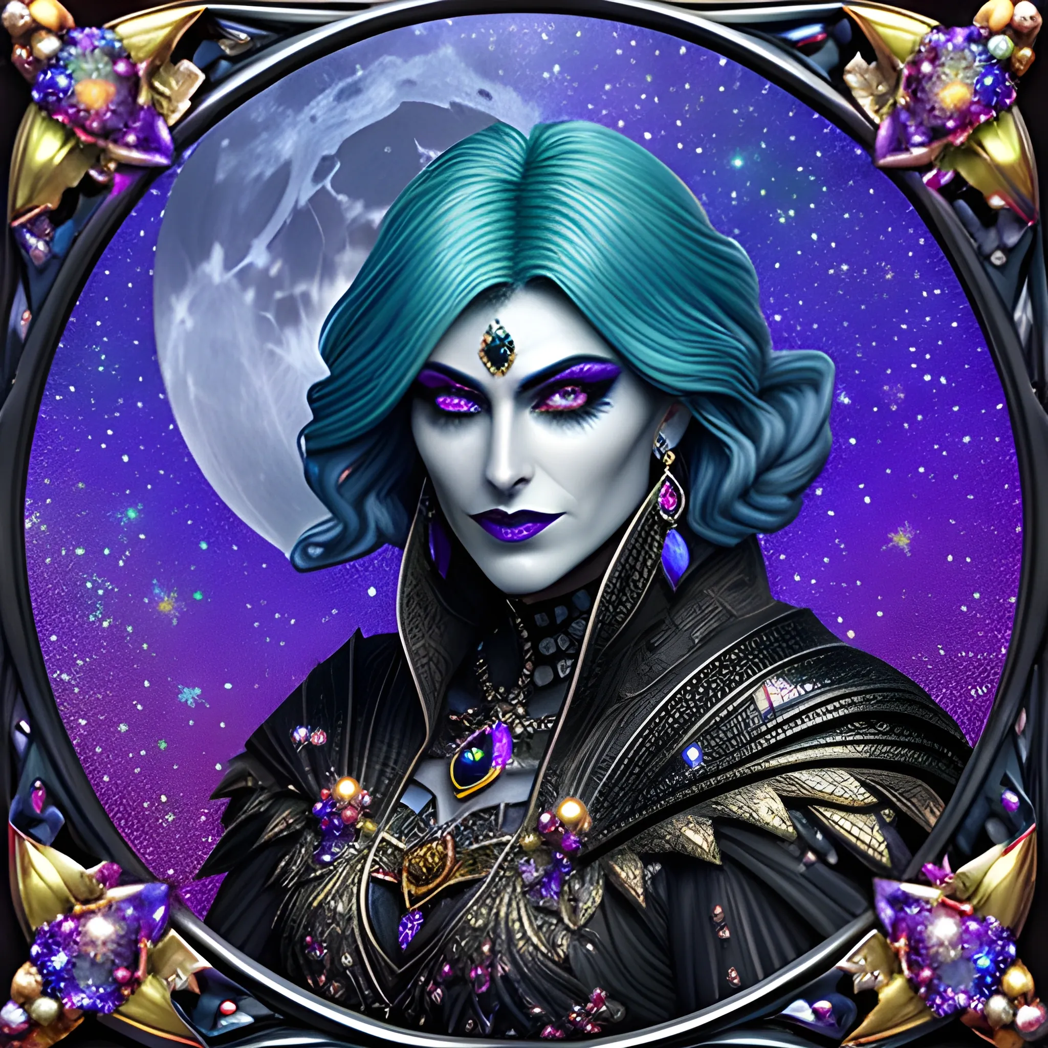 hyperdetailed face; 3D embossed textured image; bleak, dismal, dark ominous hues, contrast, vintage, elegant details, a wizard facing the viewer with a highly detailed gaunt face and a celestial moon and stars robe and an ornate crescent moon staff stands on a teal lavender hill gazing down at a faraway village, stained glass, stars, agate with pewter, foil lametta; autumn, leaves, full orange blood moon, sparkles, stars, glitter, purple blue green nebula sky, sunstone, spinel, fire opal, Rhodolite, pearls, skulls, sequins, gemstones, beads, glitter, bats, pumpkins, stars 