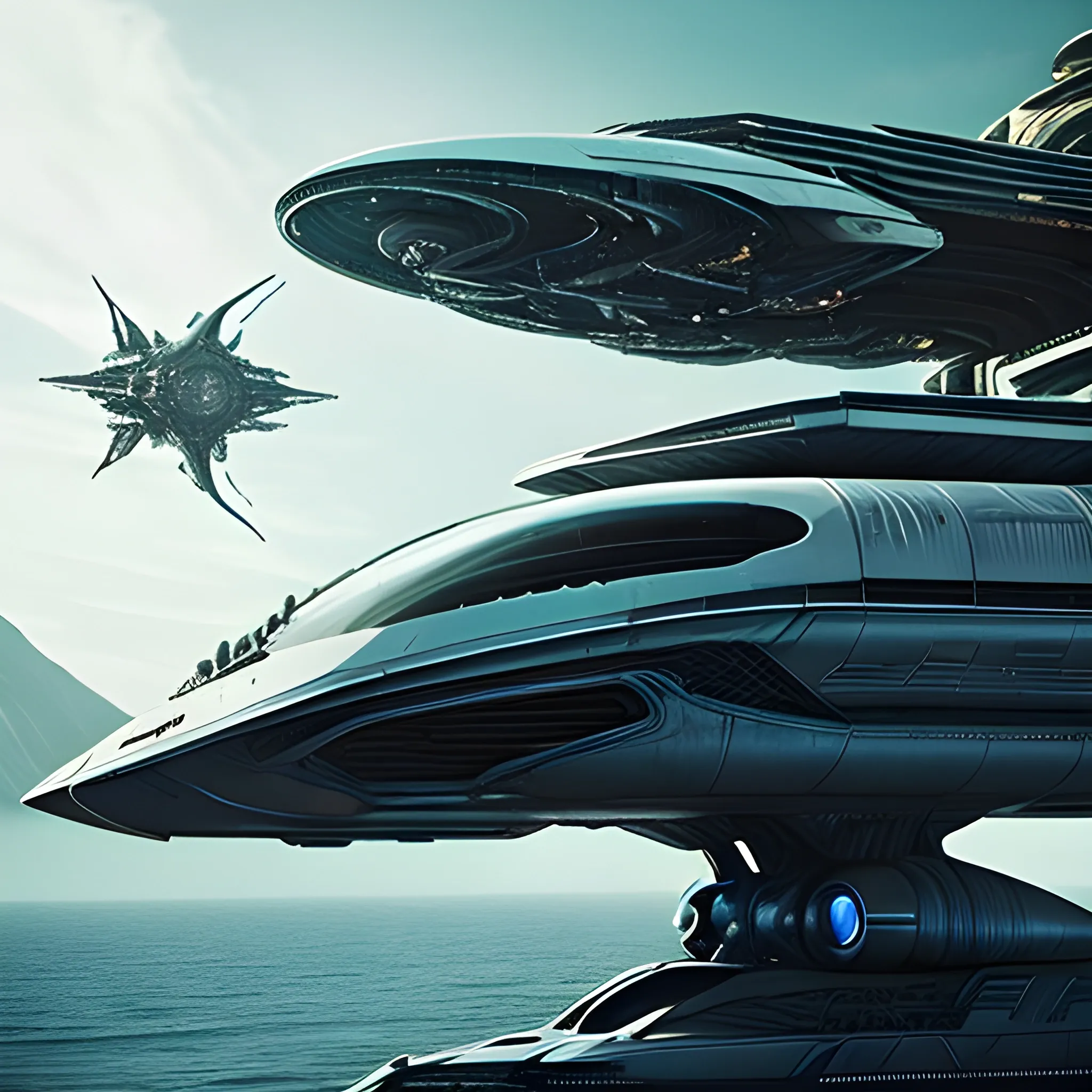 In this awe-inspiring blend of cyberpunk-inspired and futuristic elements, a unique starship takes center stage, designed by the genius imaginations of Mary Shelley & Tim Burton, & Ridley Scott. The starship is an amalgamation of iconic vehicles from different eras, including a 1980 Lamborghini, a 1960s Shelby Mustang, and a 1974 Winnebago. The ship's journey through the vast expanse near a Saturn-Earth-esque planet is brought to life in stunning 750k UHD.The intricate motherboard forms the backbone of the vessel, culminating in an imposing, frightful, & creepy Bengal Tiger's head is carved into the front. The ship's powerful artillery is visible in the background, while blue crystal diamond bat shaped nacelles adorn the rear. This captivating artwork ,dark fantasy.In this awe-inspiring blend of steampunk-inspired and futuristic elements, a unique starship takes center stage, designed by the genius imaginations of Mary Shelley & & Ridley Scott. The starship is an amalgamation of iconic vehicles from different eras, including a 1980 USA Submarine, a 1960s Shelby Mustang, and a 1974 Winnebago. The ship's journey through the vast expanse near a Saturn-Earth-esque planet is brought to life in stunning 750k UHD.The intricate motherboard forms the backbone of the vessel, culminating in an imposing, frightful, & creepy Bengal Tiger's head is carved into the front. The ship's powerful artillery is visible in the background, while blue crystal diamond tiger tail shaped nacelles adorn the rear.