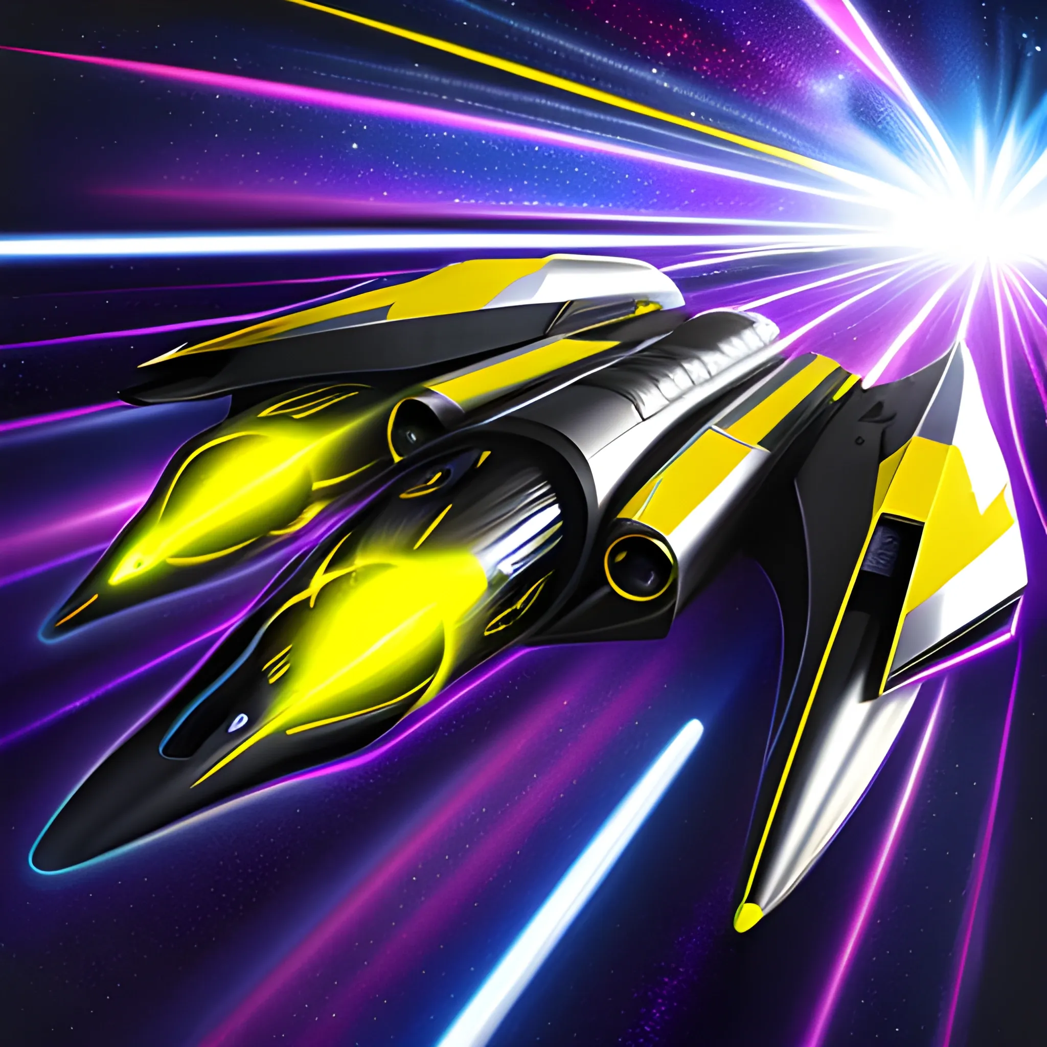 Shadowy sleek futuristic spacecraft speeding down the track emerging, metallic silver and vibrant yellow, in space gesture driven, ghosting effect, airbrush art, Trippy