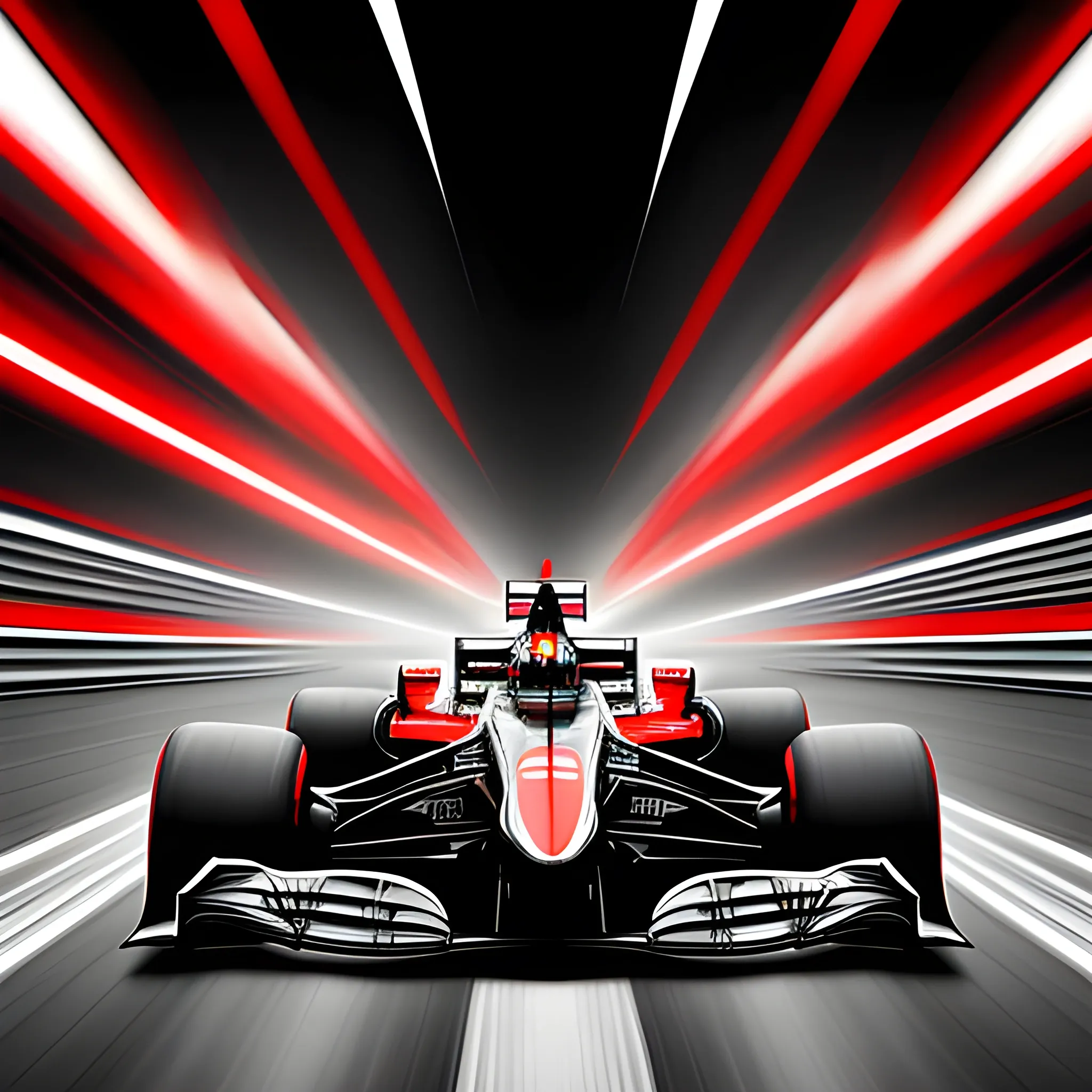 Shadowy sleek futuristic F1 car speeding down the track emerging, metallic red and white, on a racing track, gesture driven, ghosting effect, airbrush art, Trippy