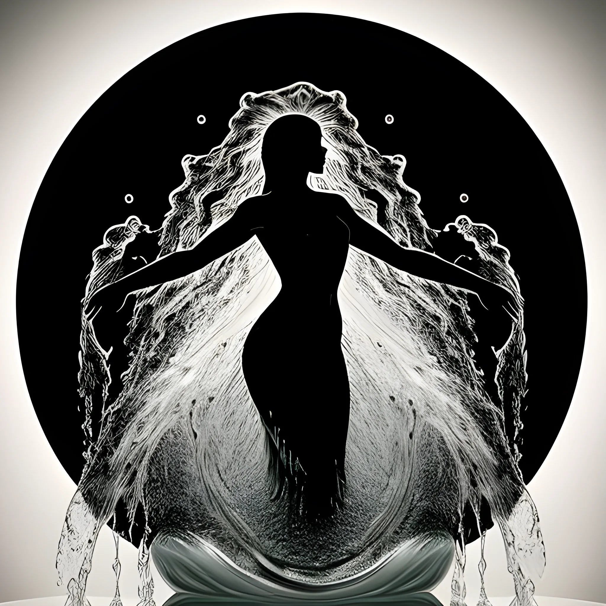 Shadowy a woman's shilouette made entirely of flowing water, with detailed body. The water forms the shape of the woman, with droplets suspended in mid-air. gesture driven, ghosting effect, airbrush art, Trippy