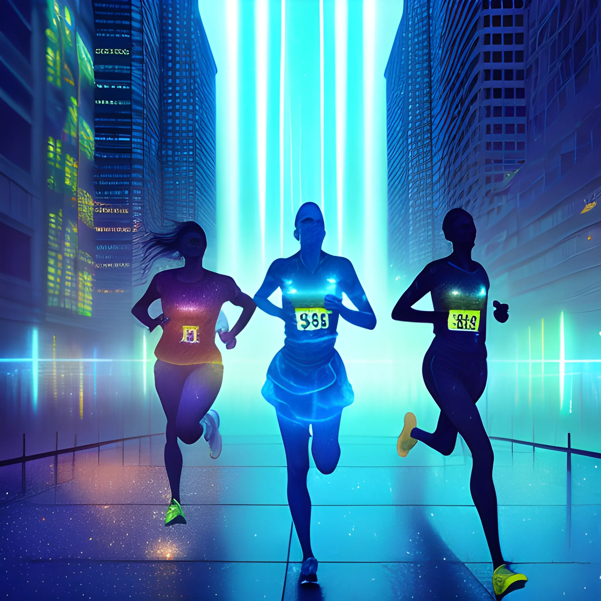 Photorealistic Surreal glowing magical, Shadowy woman's group of Athletic Runners on a race rack, intense motion blur, Smoky foggy light yellow and blue, rainy drops, cosmic, irridescent, bioluminescent glow, sparkles, city skyscrapers background, gesture driven, ghosting effect, airbrush art