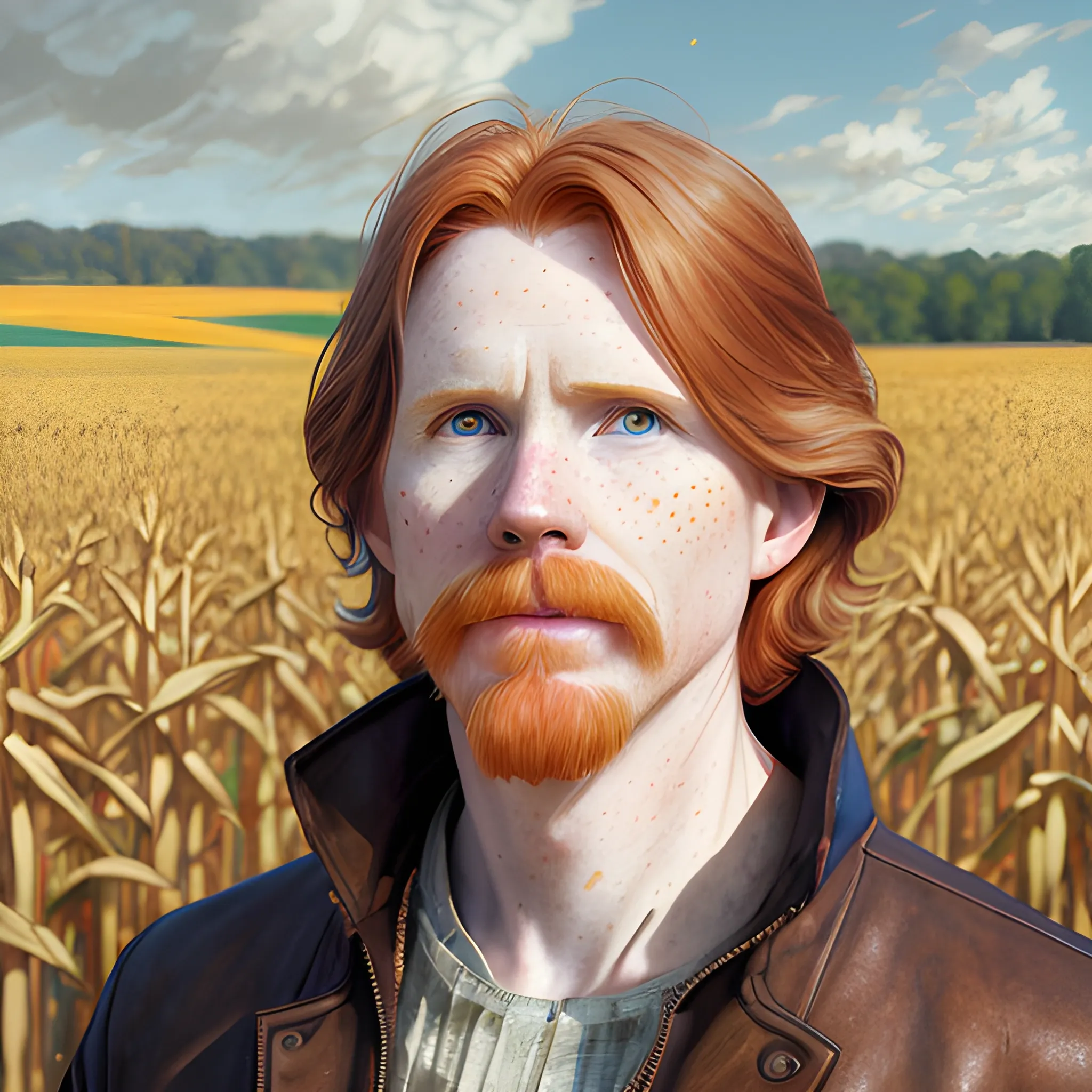 Courtney Gains, at a cornfield, highly detailed softly freckled face, dark red long feathered hair, modern American; by Lisa Frank, Daniel Gerhartz, Phil Noto art, Mucha, Manara; hyper-detailed, hyper-realistic, sharp focus; symmetrical face; textured shading, subtractive lighting, Unreal Engine

, 3D