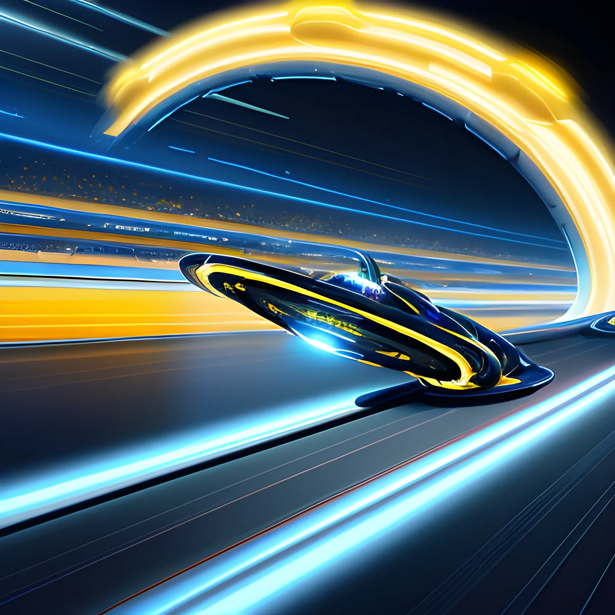 Shadowy sleek futuristic Floating wheel-shaped Celestial Harbor with spaceships and cosmic vessels dock in space speeding down the track emerging, metallic yellow and blue, on a racing track, gesture driven, ghosting effect, airbrush art,