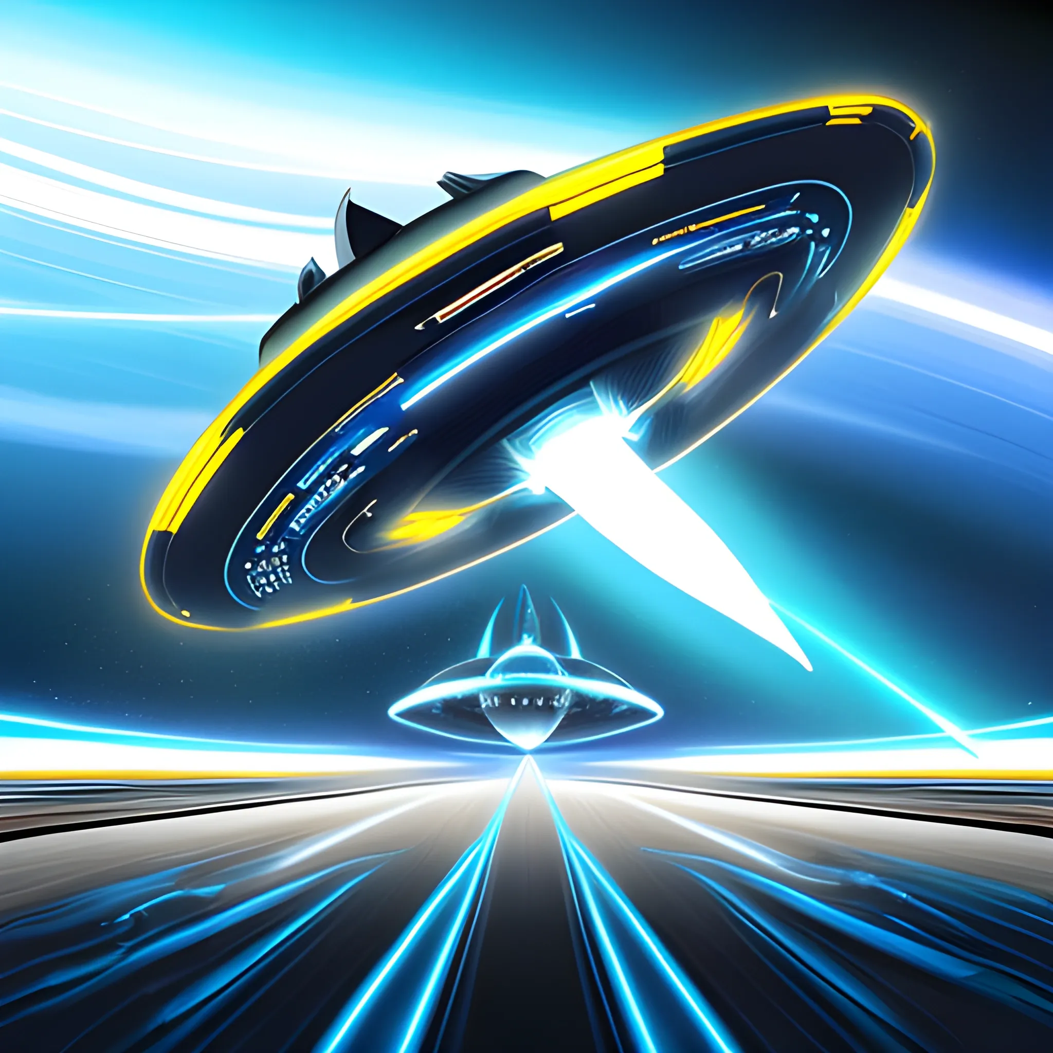 Shadowy sleek futuristic Floating vertical wheel over Celestial Harbor with spaceships and cosmic vessels dock in space speeding down the track emerging, metallic yellow and blue, on a racing track, gesture driven, ghosting effect, airbrush art,