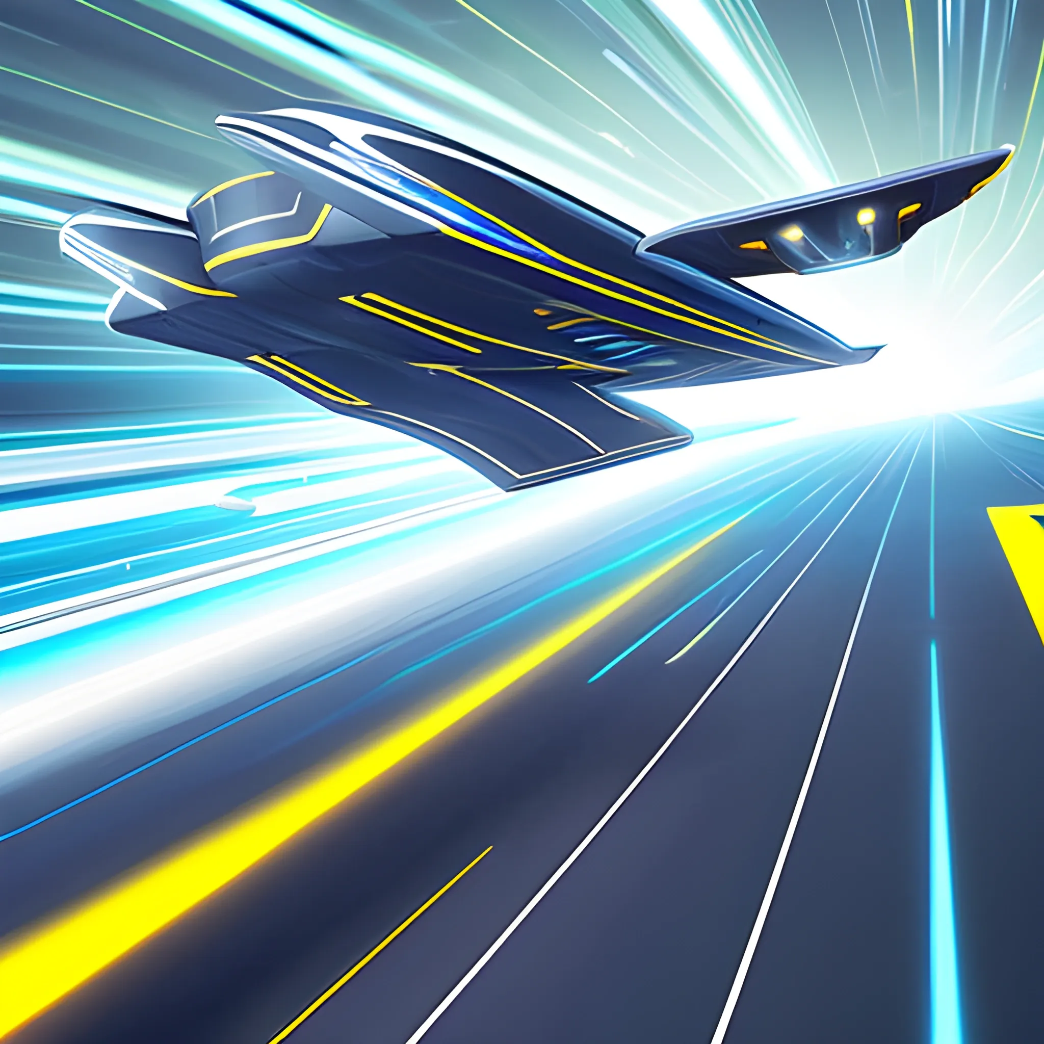 Shadowy sleek futuristic Floating Air bus over Celestial Harbor with spaceships and cosmic vessels dock in space speeding down the track emerging, metallic yellow and blue, on a racing track, gesture driven, ghosting effect, airbrush art,