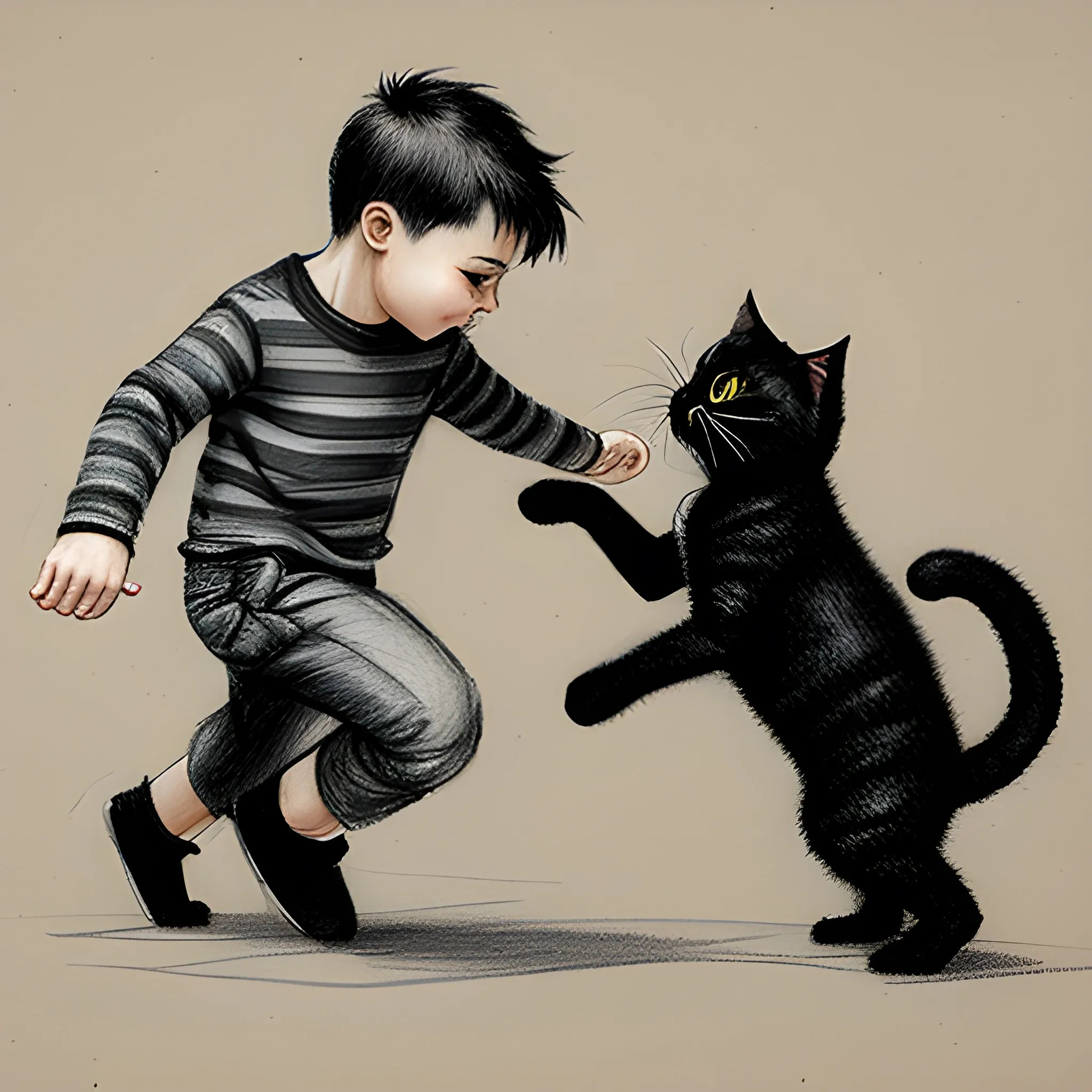 man kicking black kitten, Pencil Sketch