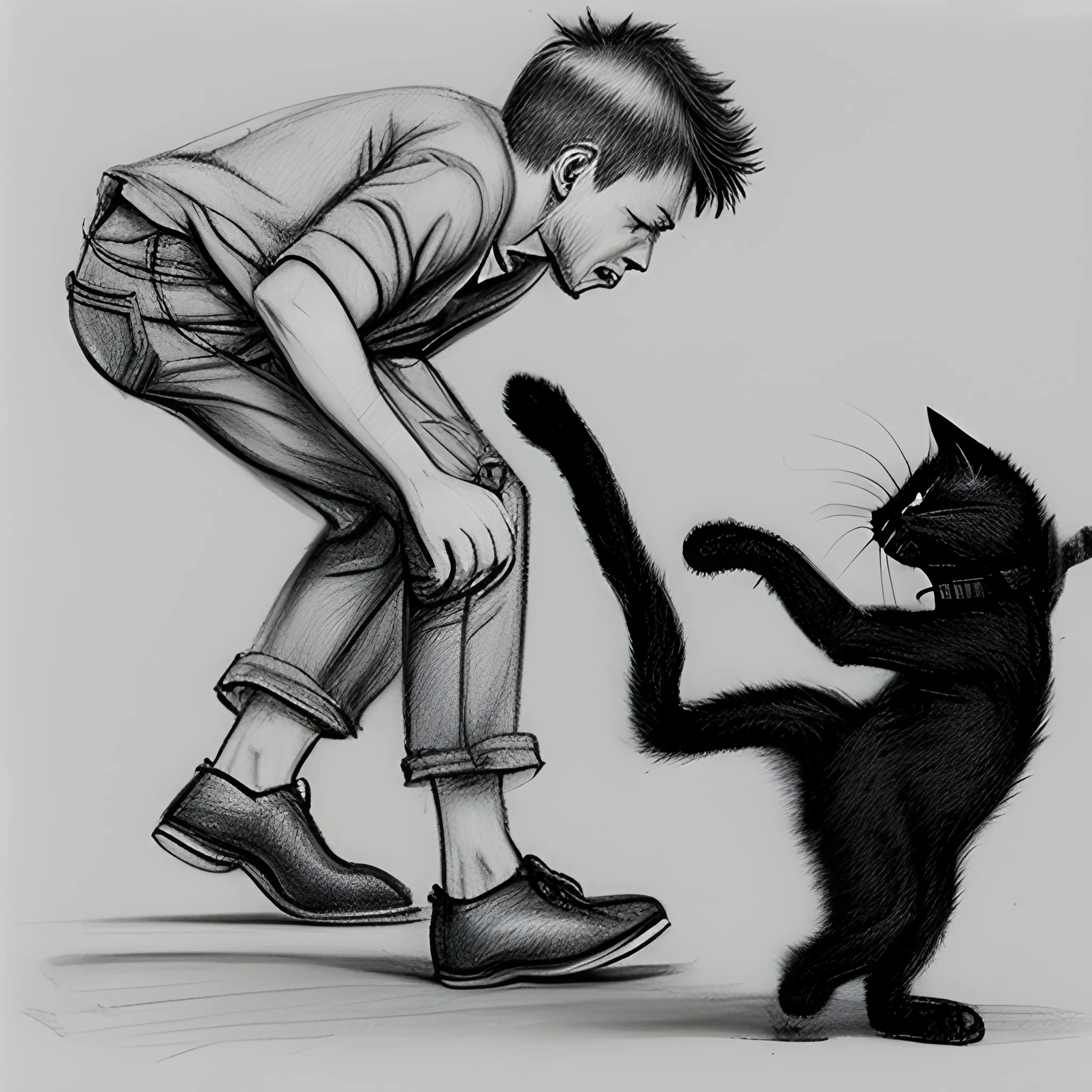 man kicking black kitten, Pencil Sketch