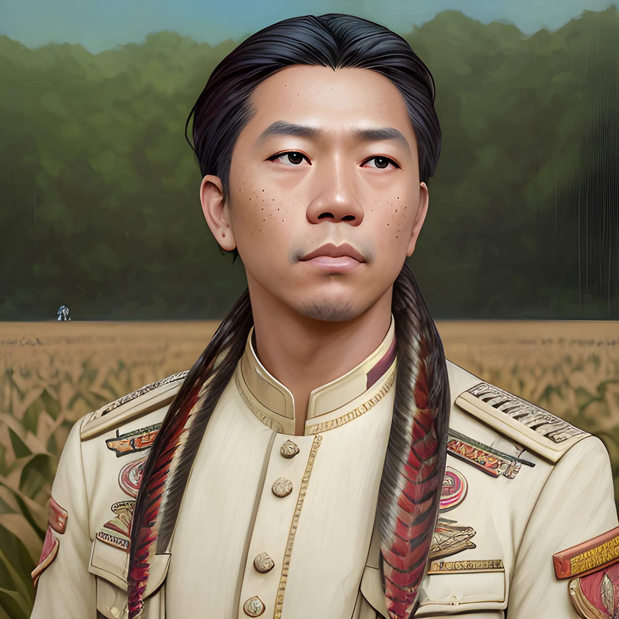 Emilio Aguinaldo, at a cornfield, highly detailed softly freckled face, dark red long feathered hair, modern Filipino; by Lisa Frank, Daniel Gerhartz, Phil Noto art, Mucha, Manara; hyper-detailed, hyper-realistic, sharp focus; symmetrical face; textured shading, subtractive lighting, Unreal Engine

, 3D