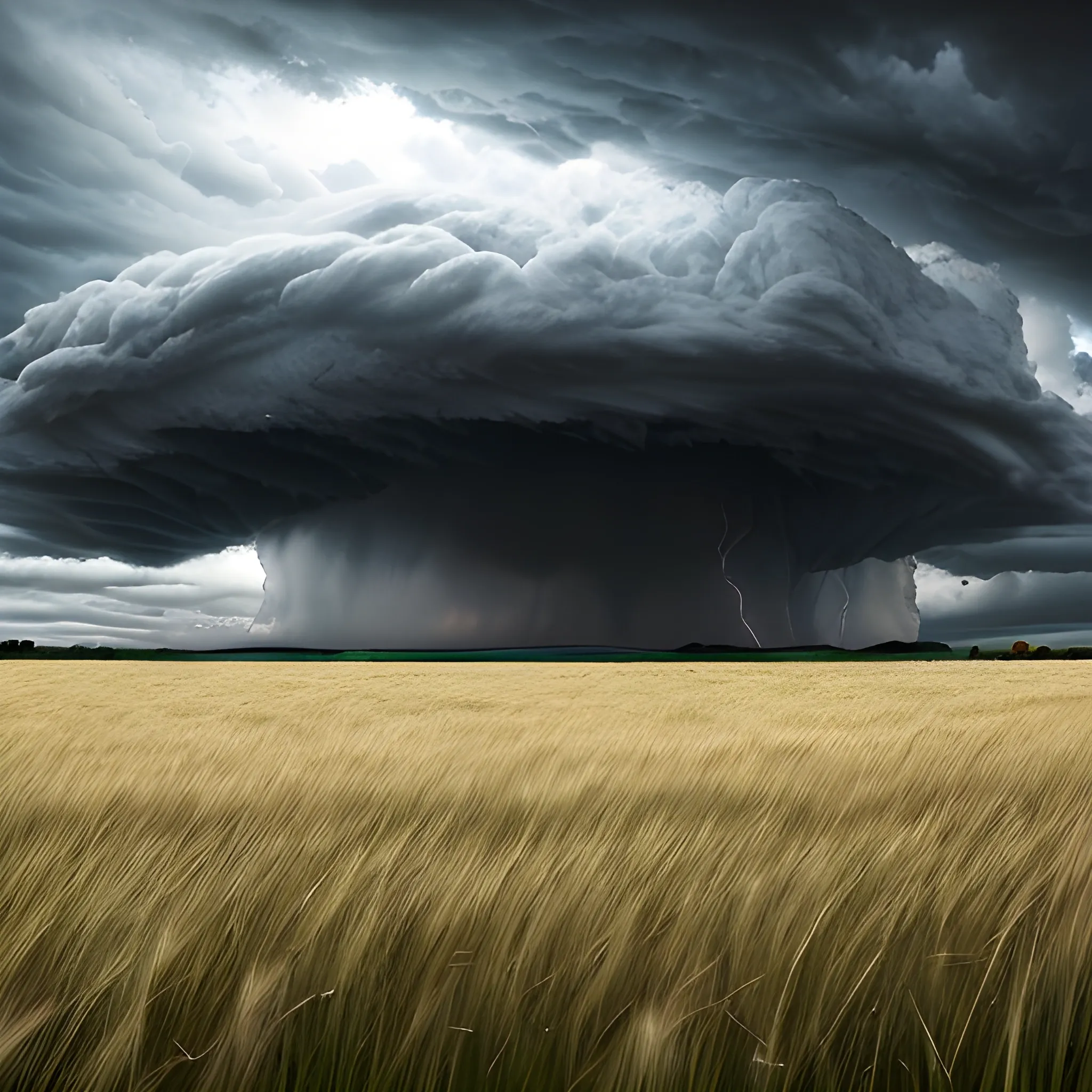 Create an image of a field with long grass and an approaching storm. The sky should be dark and ominous, with heavy clouds gathering, indicating the imminent arrival of the storm. The field should be vast and open, filled only with long, swaying grass. There should be a sense of tension in the atmosphere, as if a powerful storm is about to break., Cartoon