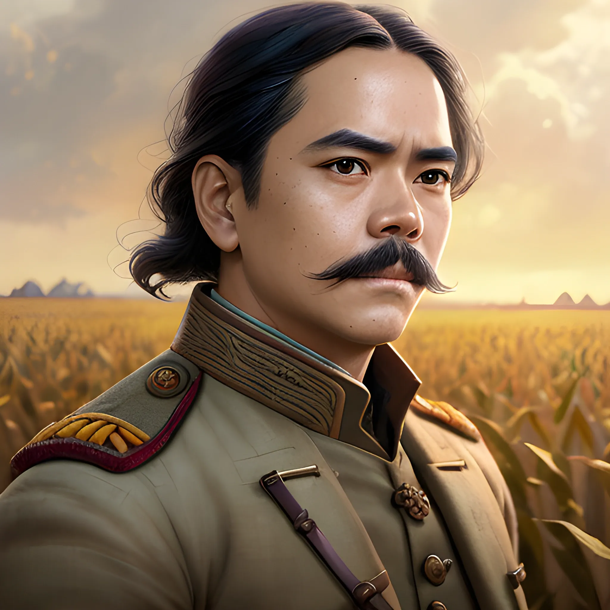 Heneral Luna, at a cornfield, highly detailed softly freckled face, dark red long feathered hair, old Filipino; by Lisa Frank, Daniel Gerhartz, Phil Noto art, Mucha, Manara; hyper-detailed, hyper-realistic, sharp focus; symmetrical face; textured shading, subtractive lighting, Unreal Engine , 3D