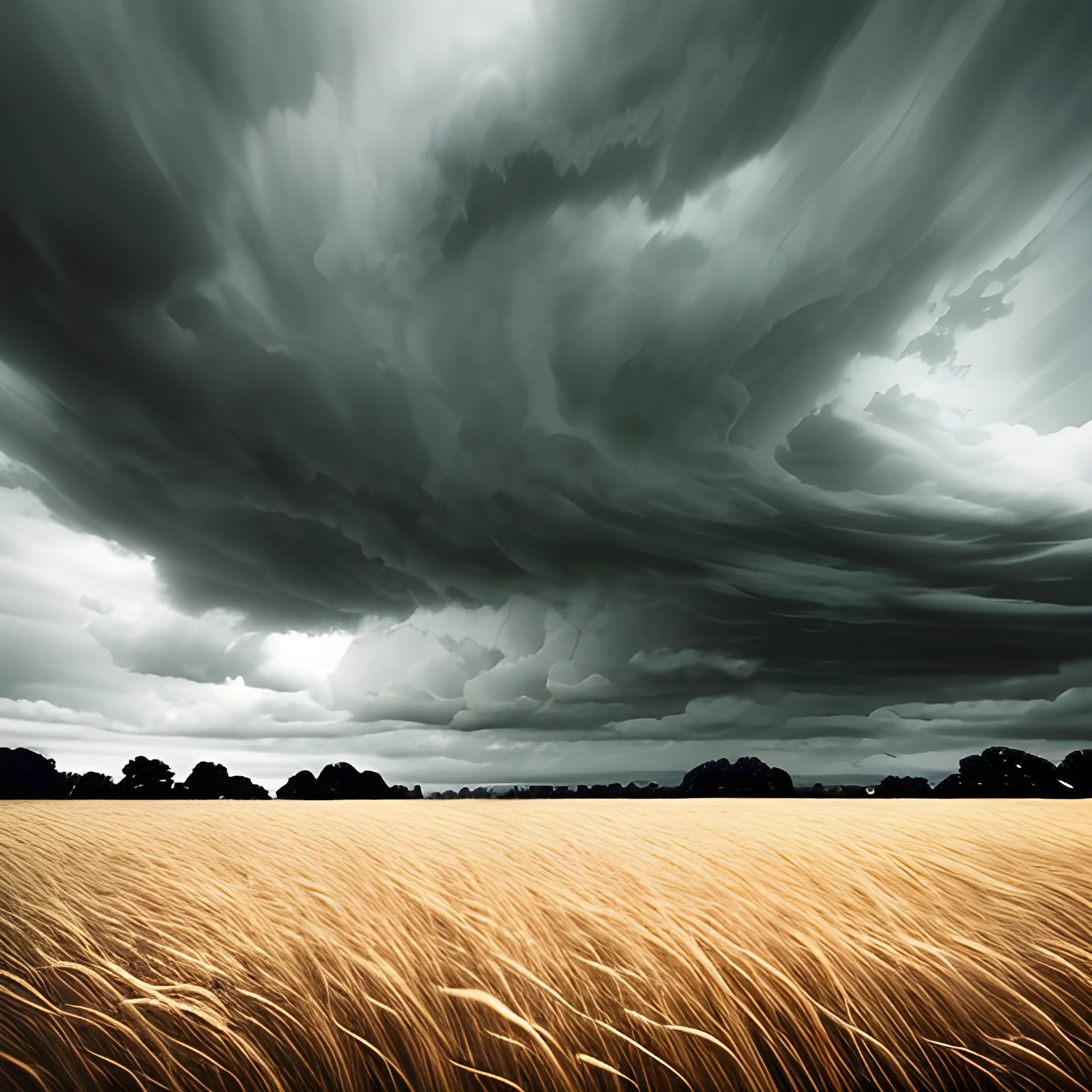 Create an image of a field with long grass under a cloudy sky. The wind should be blowing strongly, making the grass sway dramatically. The sky should be filled with dark clouds, indicating a stormy atmosphere. The overall scene should convey a sense of power and movement, capturing the intensity of the wind and the looming presence of the storm, Cartoon