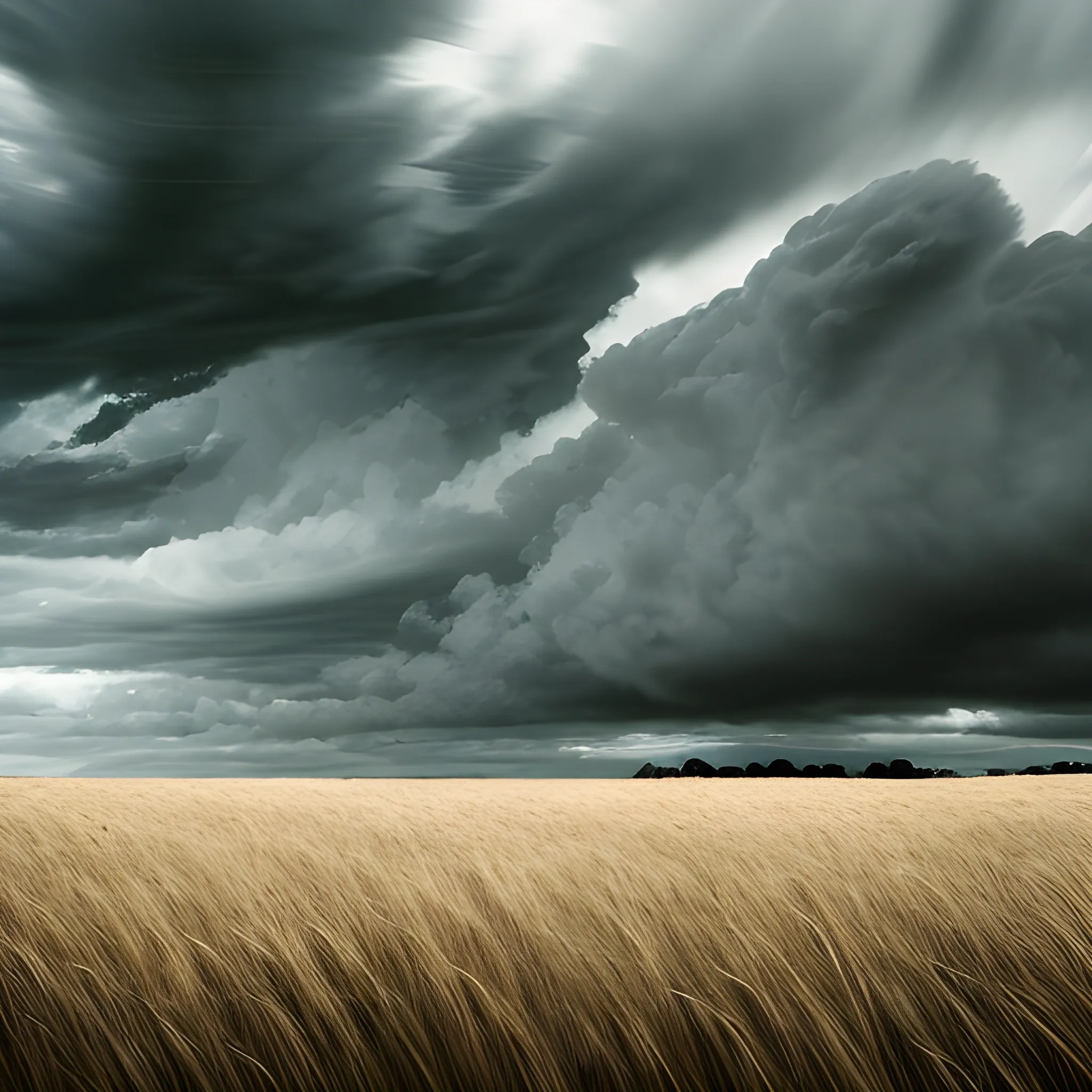 Create an image of a field with long grass under a cloudy sky. The wind should be blowing strongly, making the grass sway dramatically. The sky should be filled with dark clouds, indicating a stormy atmosphere. The overall scene should convey a sense of power and movement, capturing the intensity of the wind and the looming presence of the storm, Comic