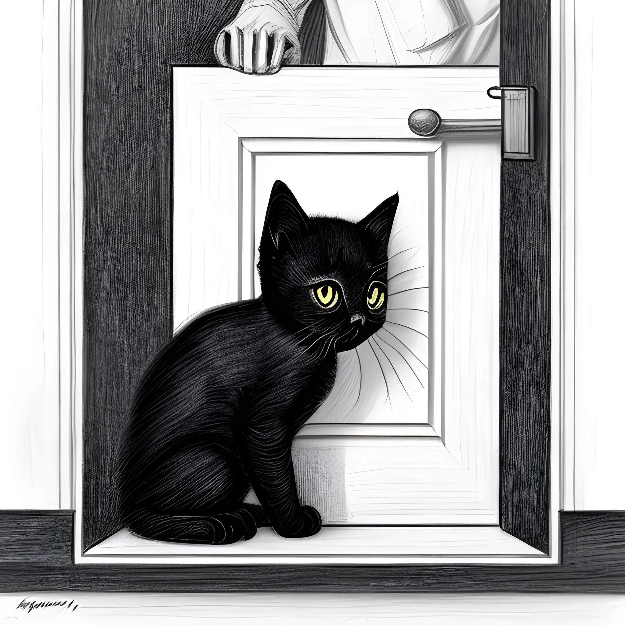 man put black kitten away from door, Pencil Sketch