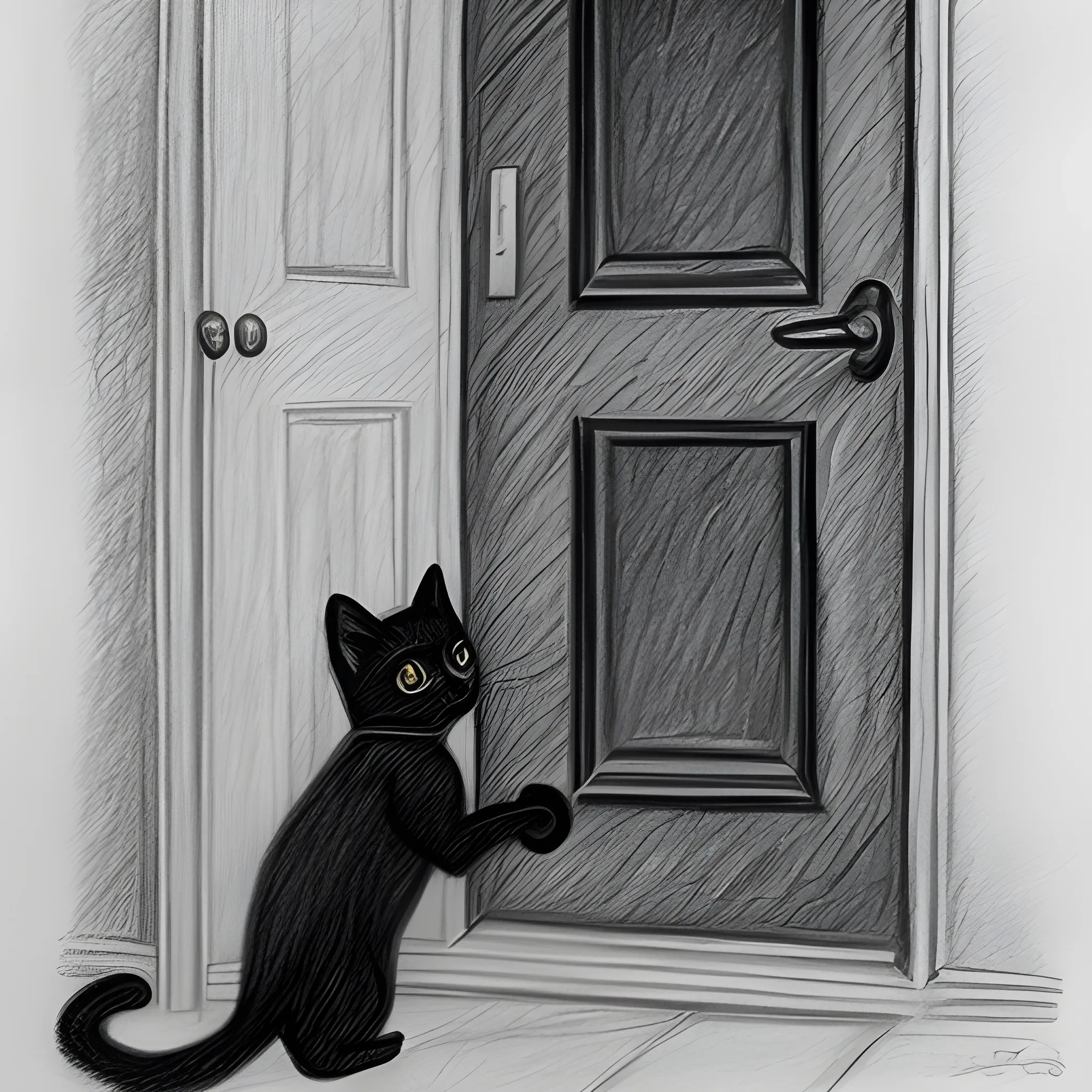 man put black kitten away from door, Pencil Sketch