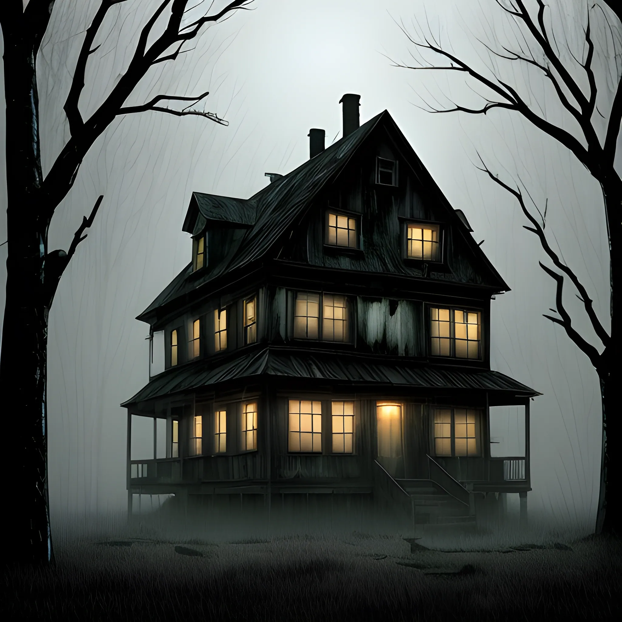 "An old, dilapidated house on a cold and rainy night, with a dark, ominous aura."
"A haunted house at the outskirts of town, surrounded by fog and tall, dead trees."
ugly, 





