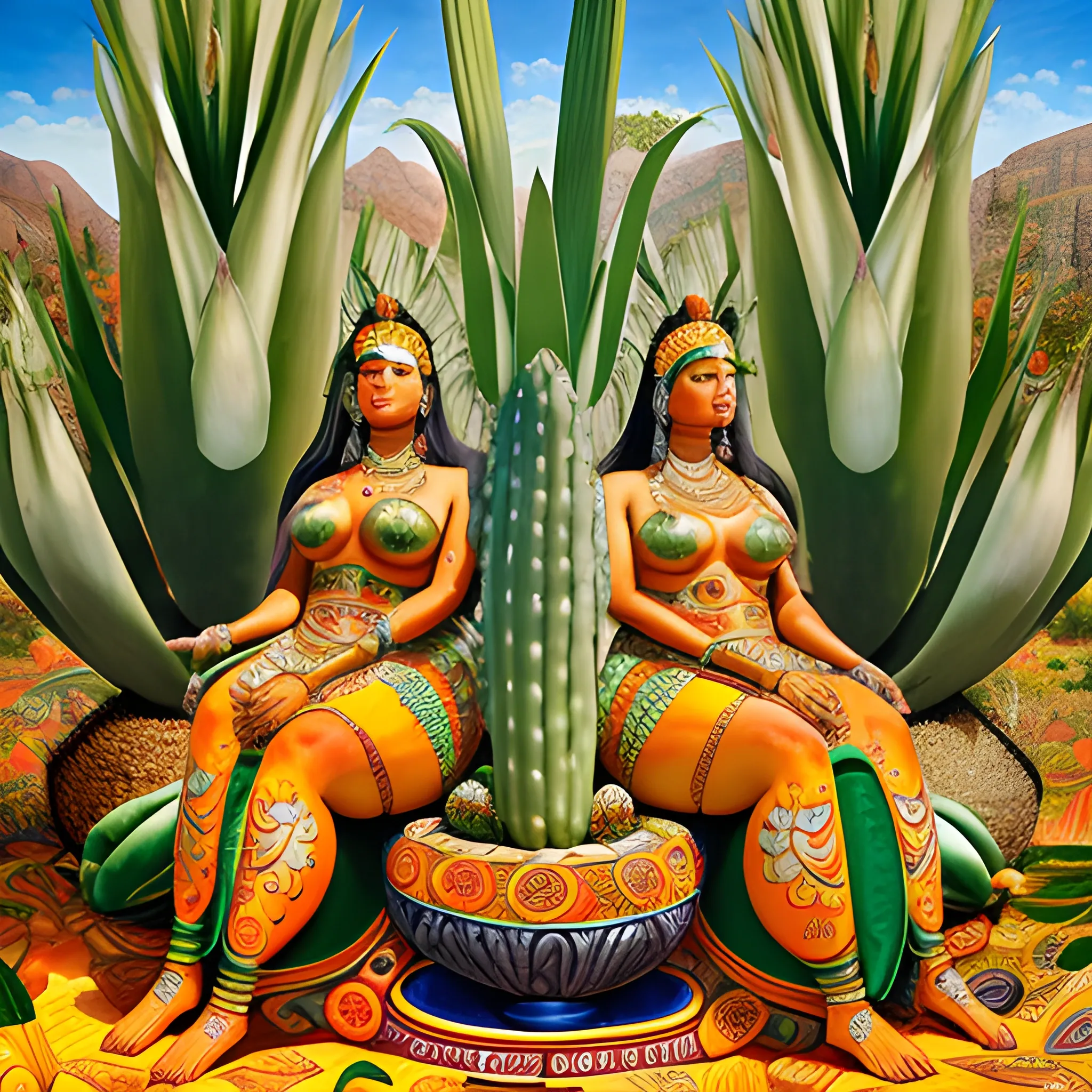 agaves gigantes en la epoca prehispanica con la diosa mayahuel y sus conejos, Oil Painting, Trippy