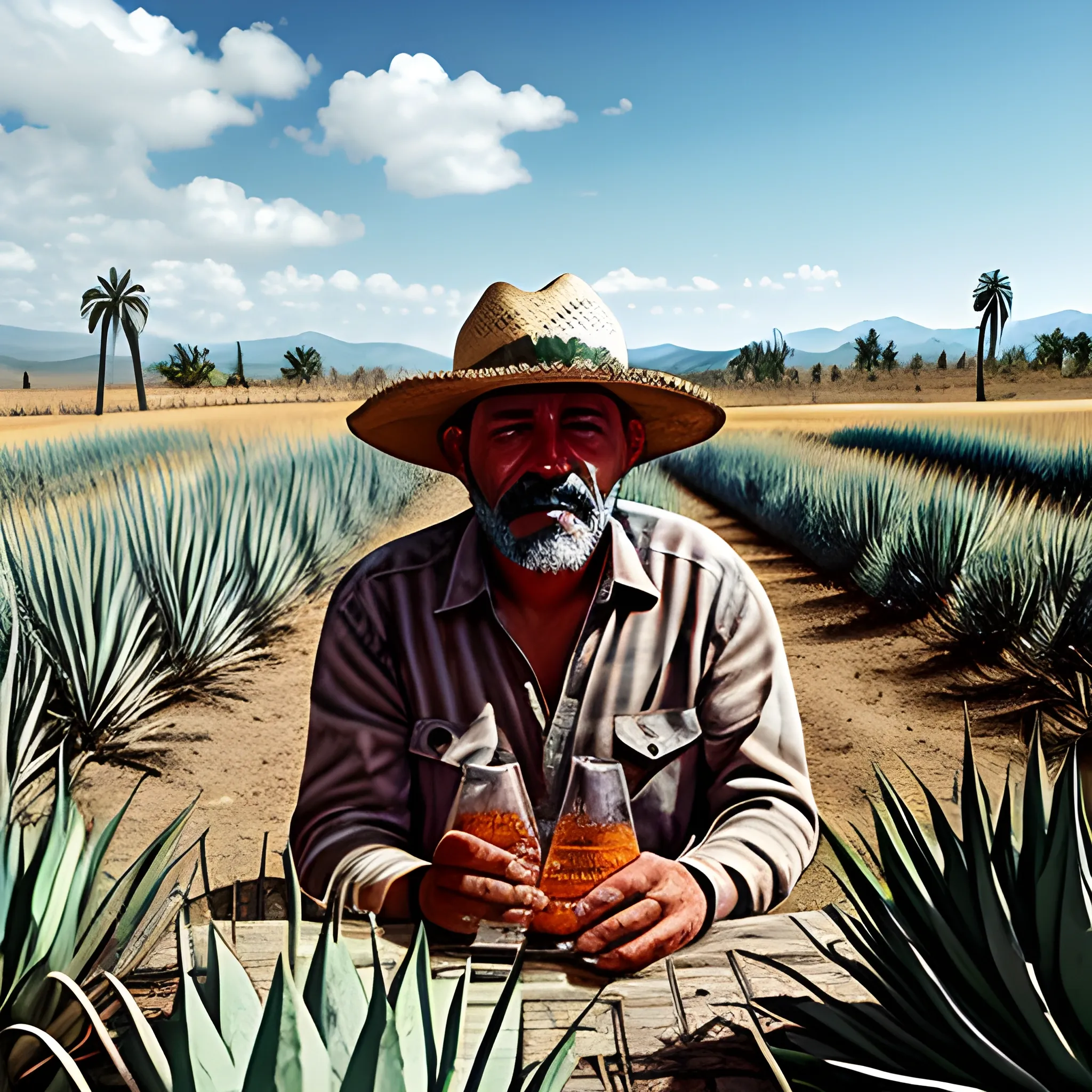 campesino sin rostro tomando mezcal, en un 
campo de agave , Trippy