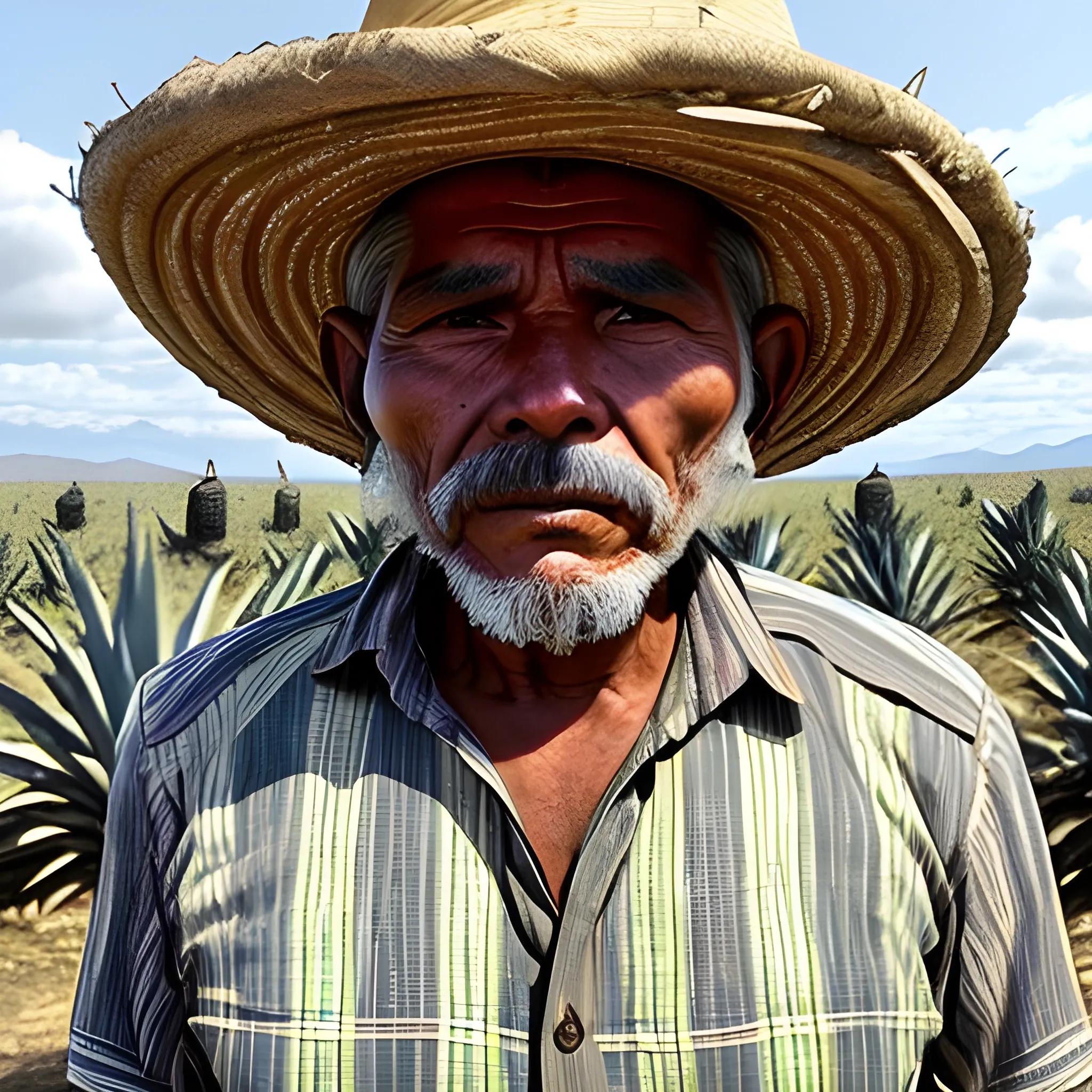 campesino que no se vea su rostro bebiendo mezcal en una jicara, en un campo de agave , Trippy