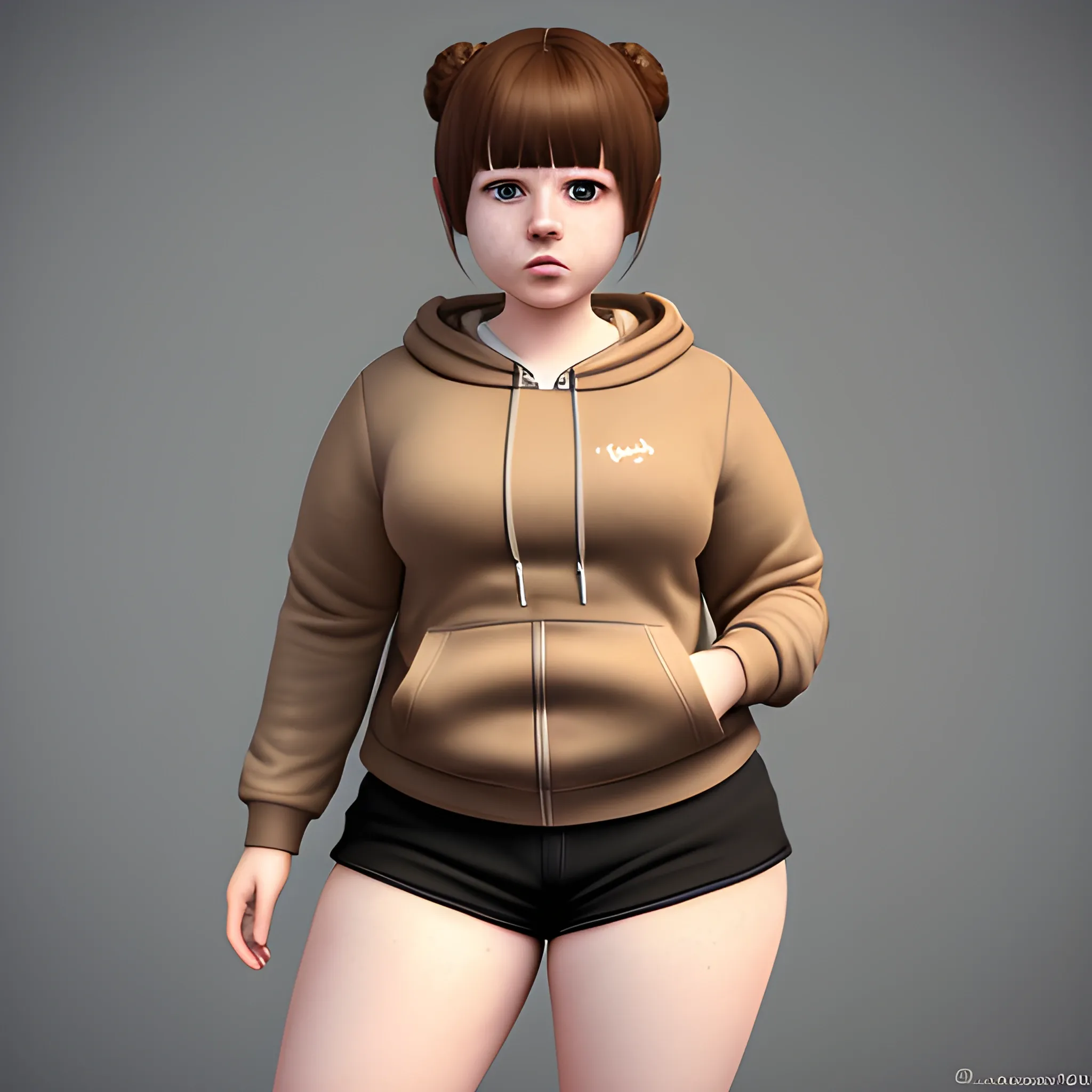 Masterpiece, full-body, realistic 3D, adult white female, chubby body, zipper hoodie, short shorts, black eyes, cleft chin, chin dimple, , freckles, brown skin, full lips
