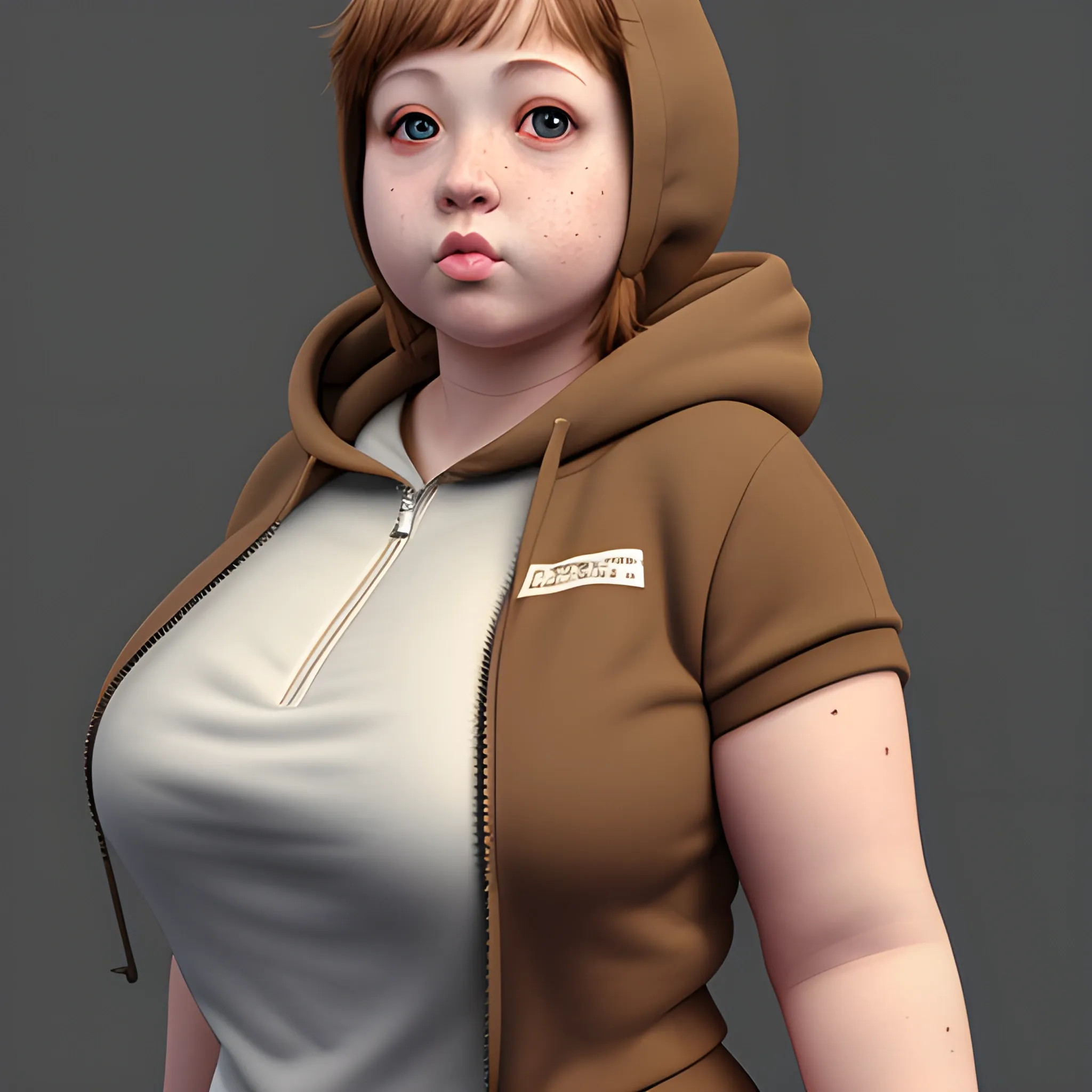 Masterpiece, full-body, realistic 3D, adult white female, chubby body, zipper hoodie, short shorts, black eyes, cleft chin, chin dimple, , freckles, brown skin, full lips
