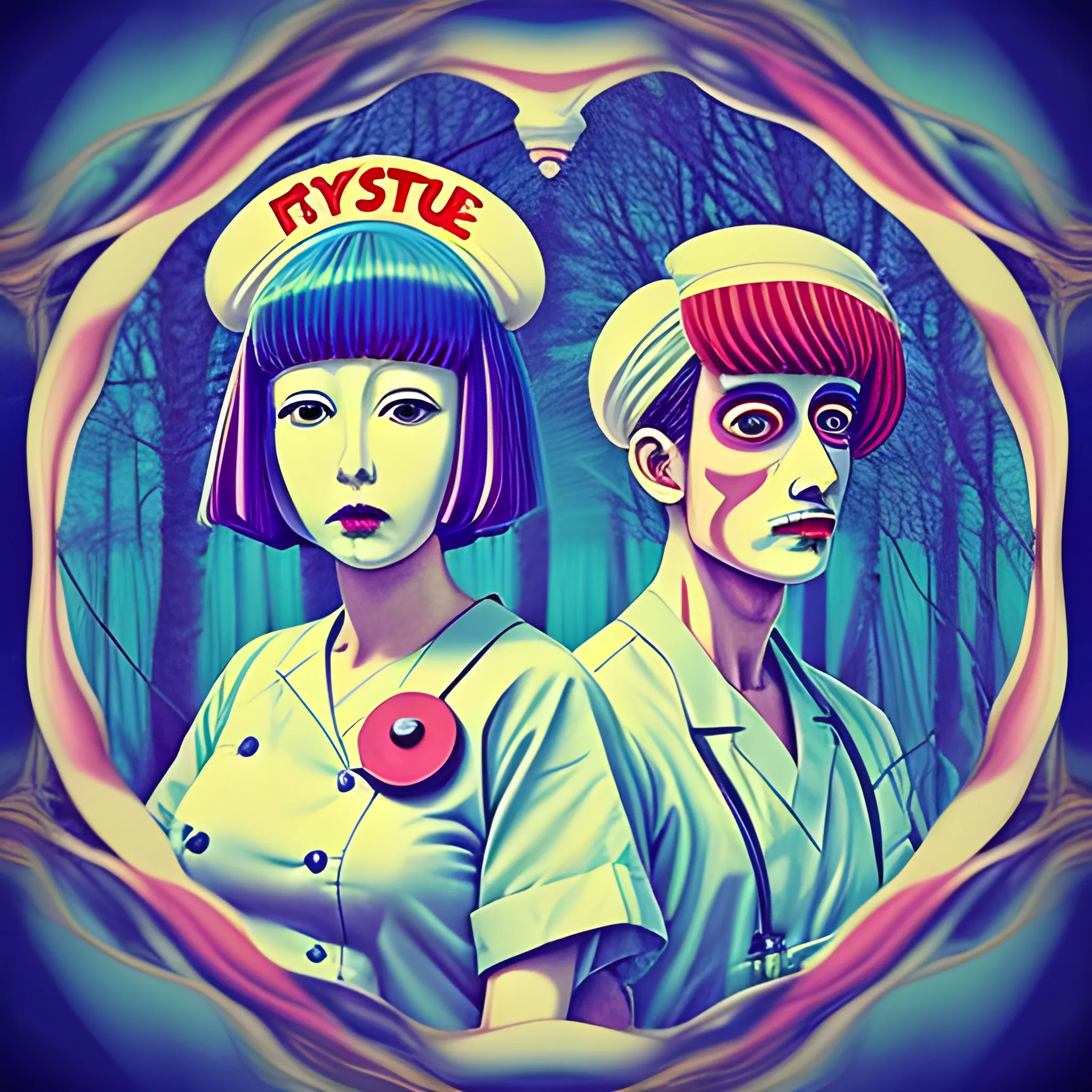 surreal and bizarre image in the style of 1980s vintage Japanese anime, featuring a female nurse in a Creme-Brulê looking dress and a mystic male with a pudding facealking in a forrest full arm-trees The nurse's head is splitting into a series of floating multishaped segments, revealing surreal visual attachmentn and glitchy anaglyph mindfullnesigns distortions within. Each section is floating independent of the others. The overall aesthetic should be grainy and scanlined. Water Color, Trippy 