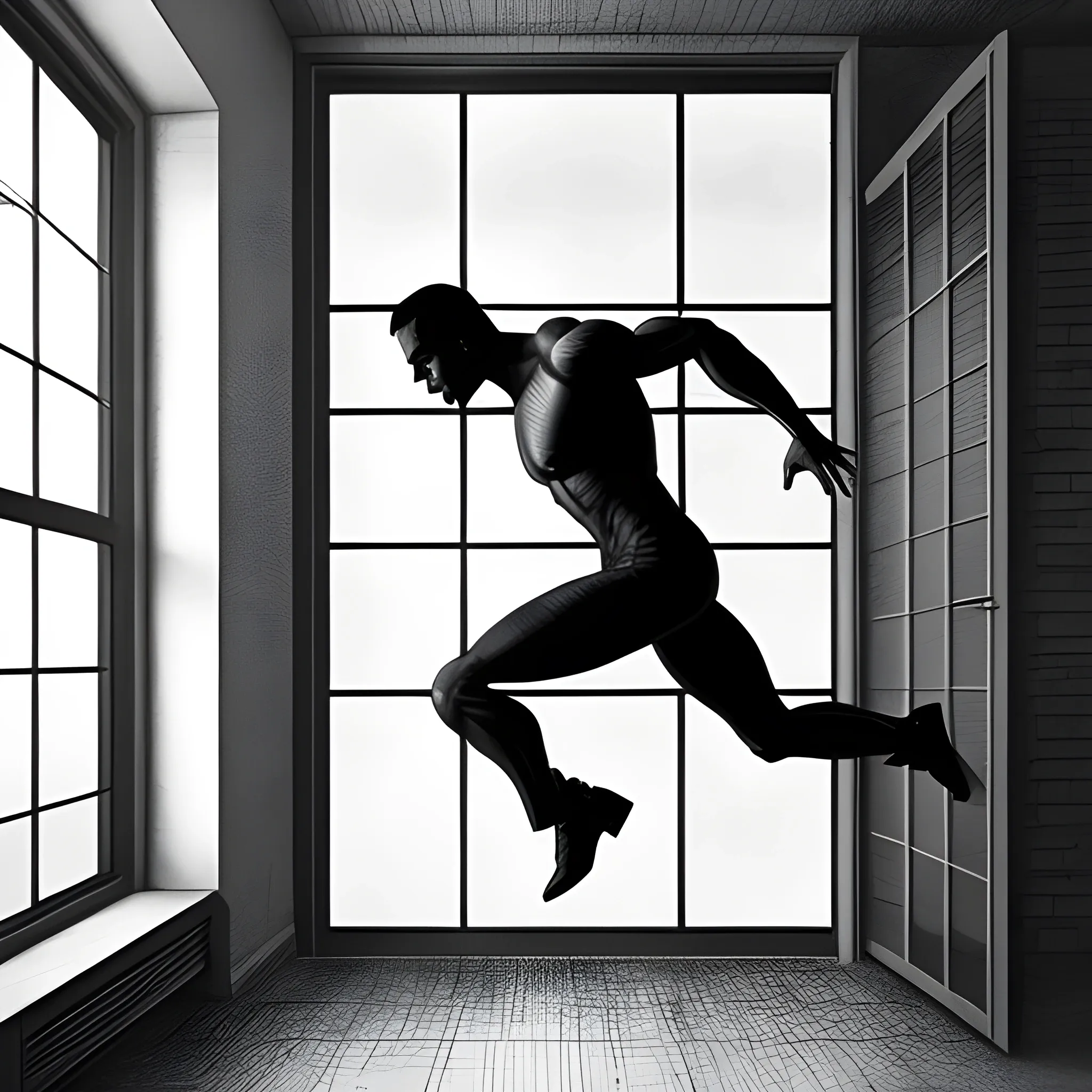 I need a musical cover in which a man appears escaping through the window, fleeing from his girlfriend's father (it should be in graphite pencil style)