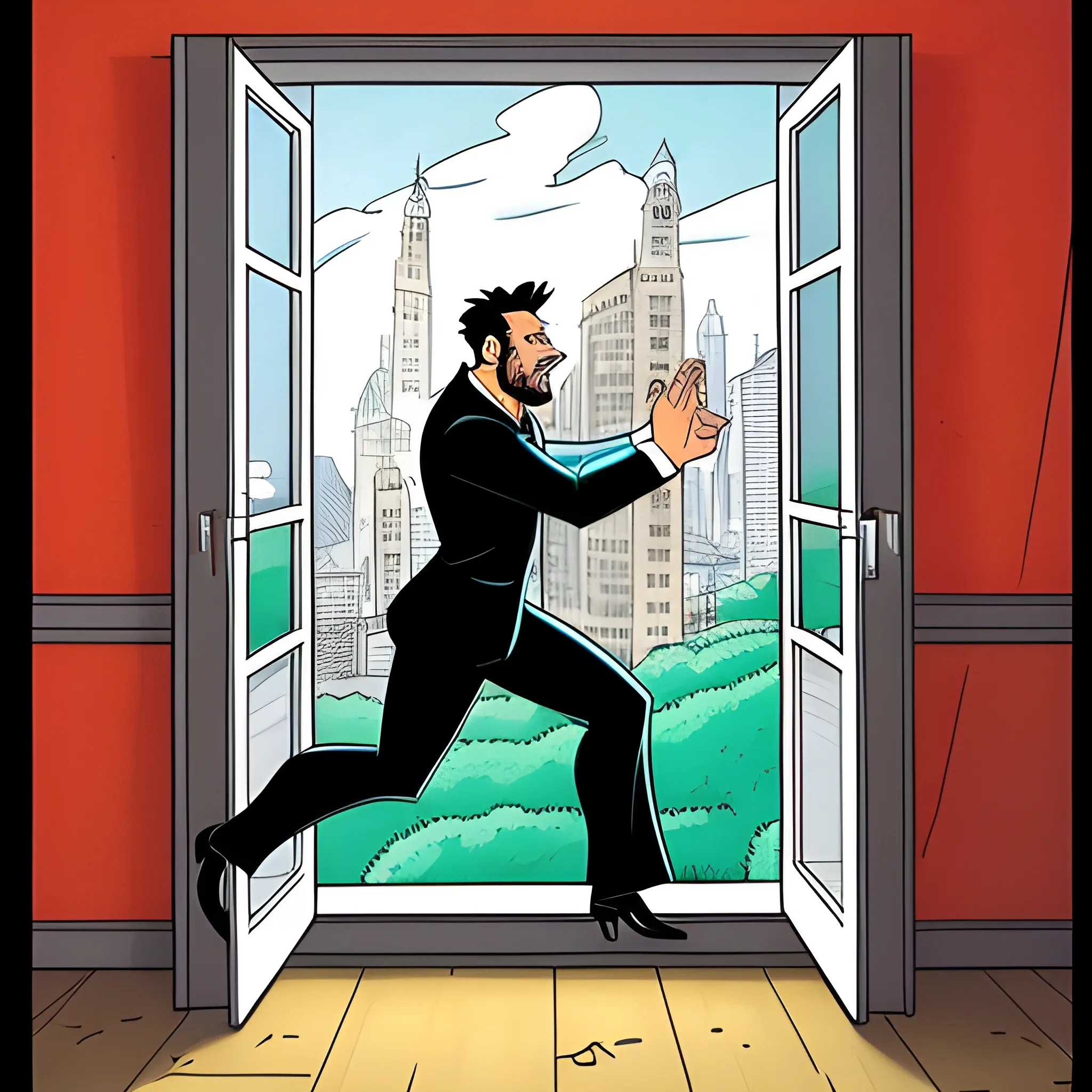 I need a musical cover in which a man appears escaping through the window, fleeing from his girlfriend's father ( Cartoon)
