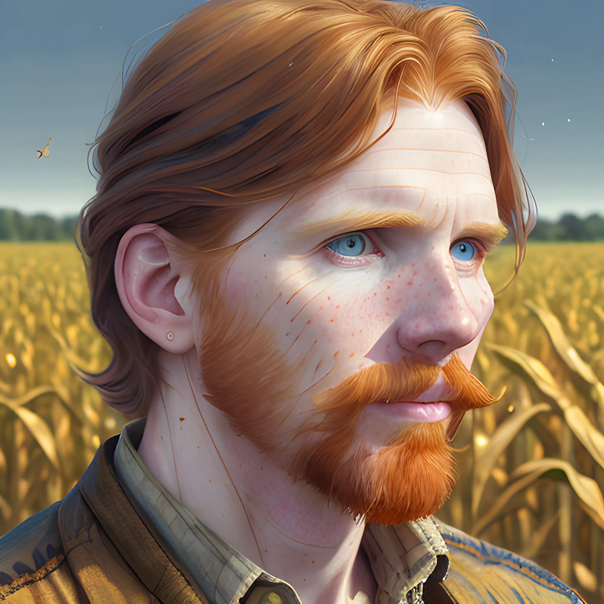 Courtney Gains, at a cornfield, highly detailed softly freckled face, dark red long feathered hair, modern American; by Lisa Frank, Daniel Gerhartz, Phil Noto art, Mucha, Manara; hyper-detailed, hyper-realistic, sharp focus; symmetrical face; textured shading, subtractive lighting, Unreal Engine

, 3D