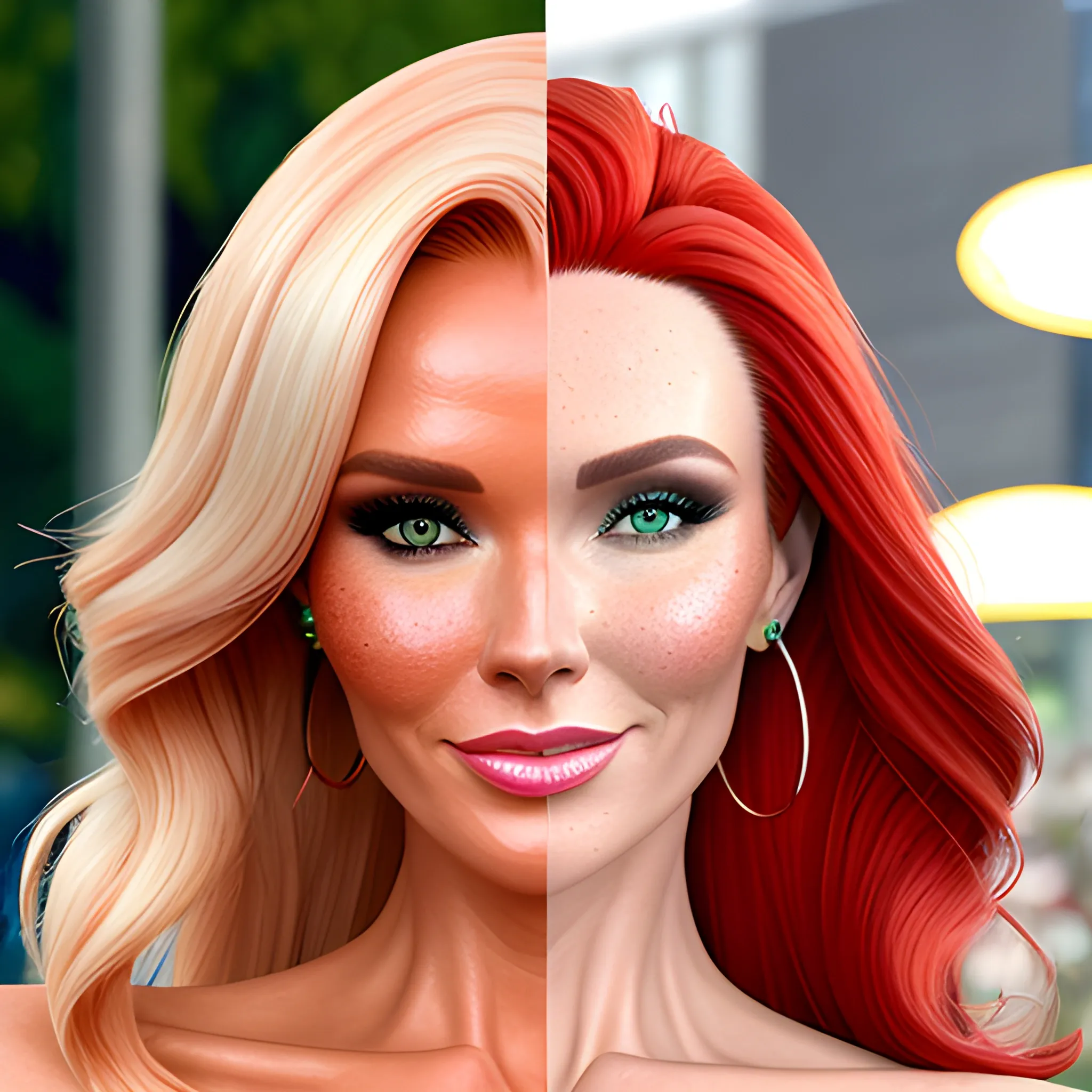 Amanda Holden / Shanina Shaik / Elsa Hosk face morph, 3D, red hair, green eyes, freckles, 90's mall background