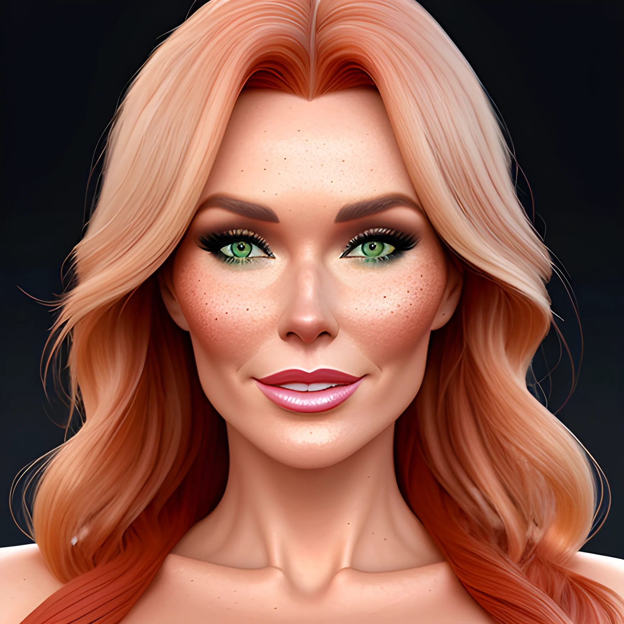 Amanda Holden / Shanina Shaik / Elsa Hosk face morph, 3D, red hair, green eyes, freckles, 90's mall background, 3D, Oil Painting