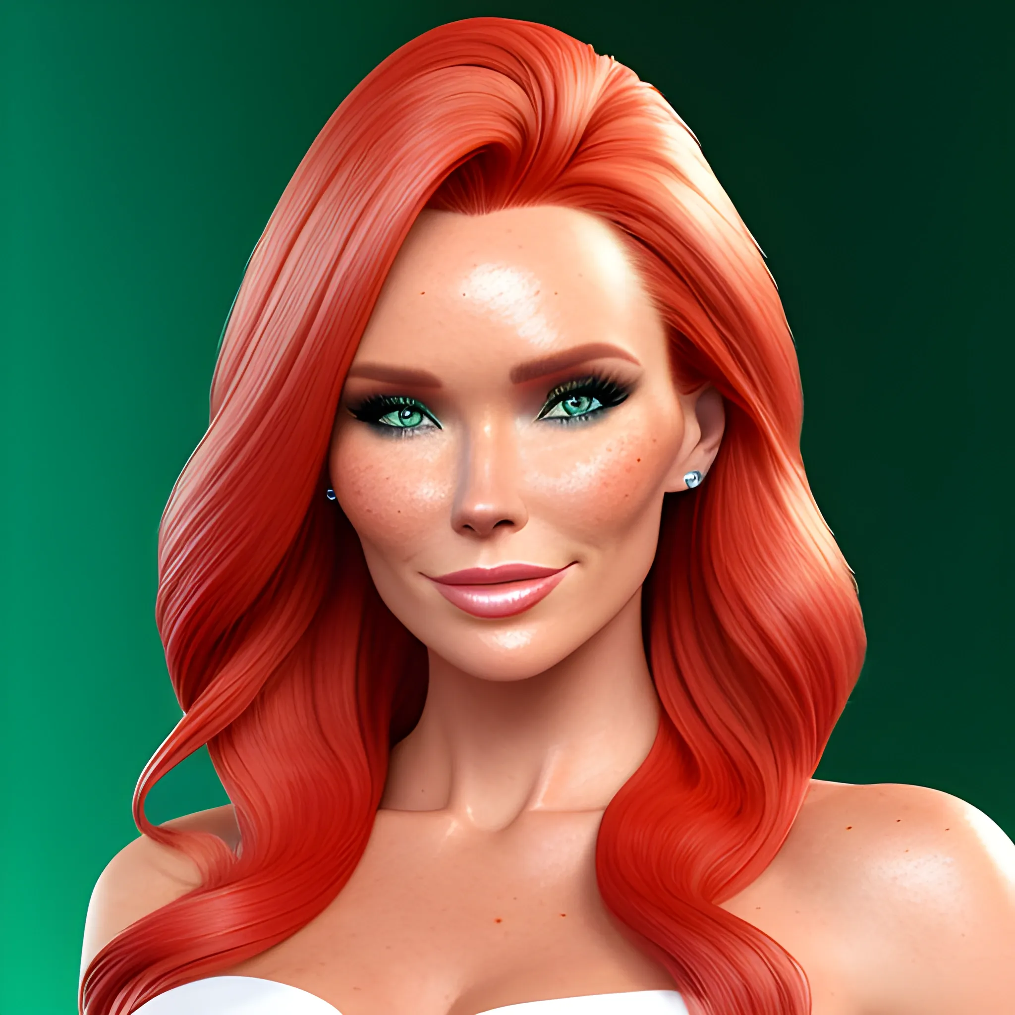 Amanda Holden / Shanina Shaik / Elsa Hosk face morph, 3D, red hair, green eyes, freckles, 90's mall background