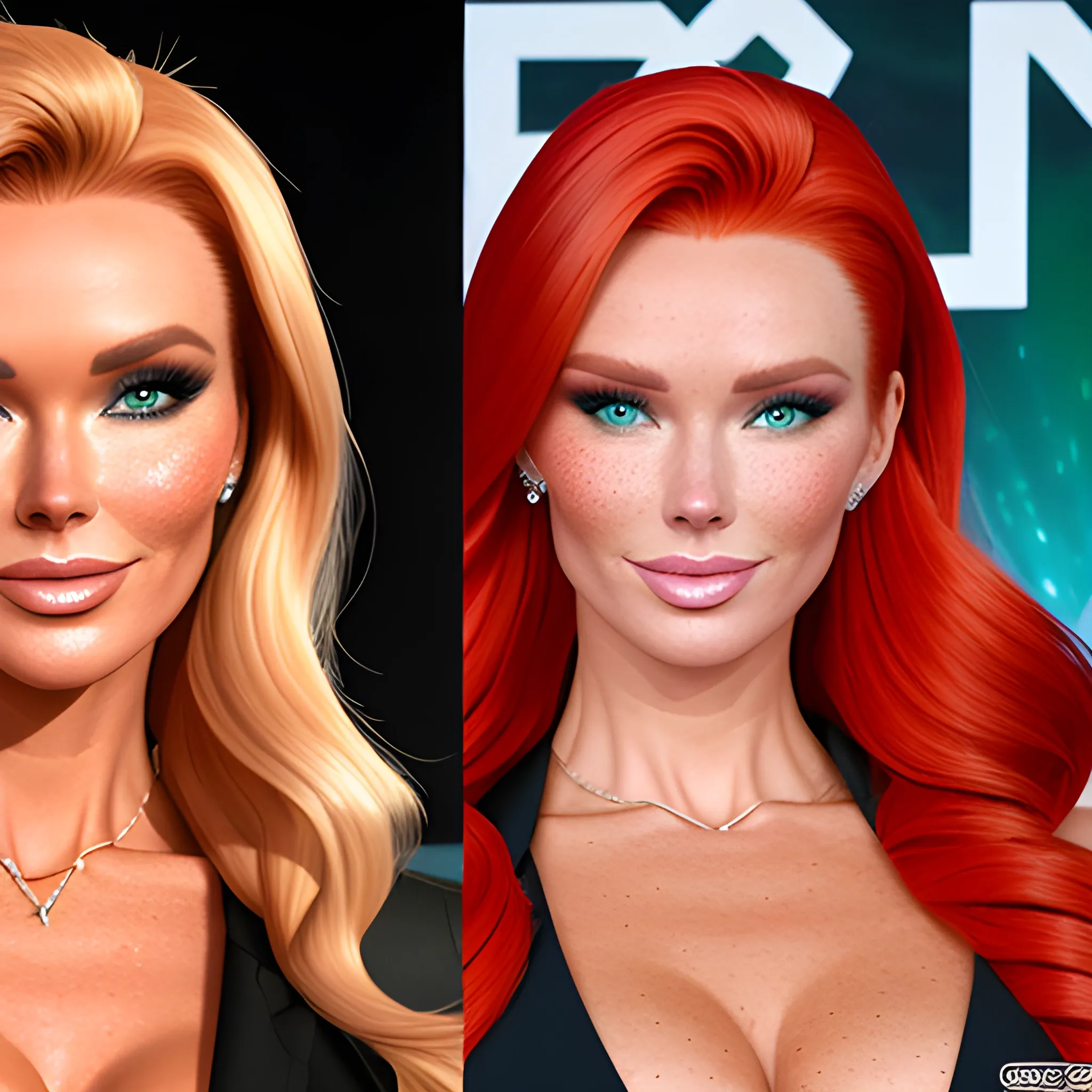 Amanda Holden / Shanina Shaik / Elsa Hosk face morph, 3D, red hair, green eyes, freckles, 90's mall background, skate park