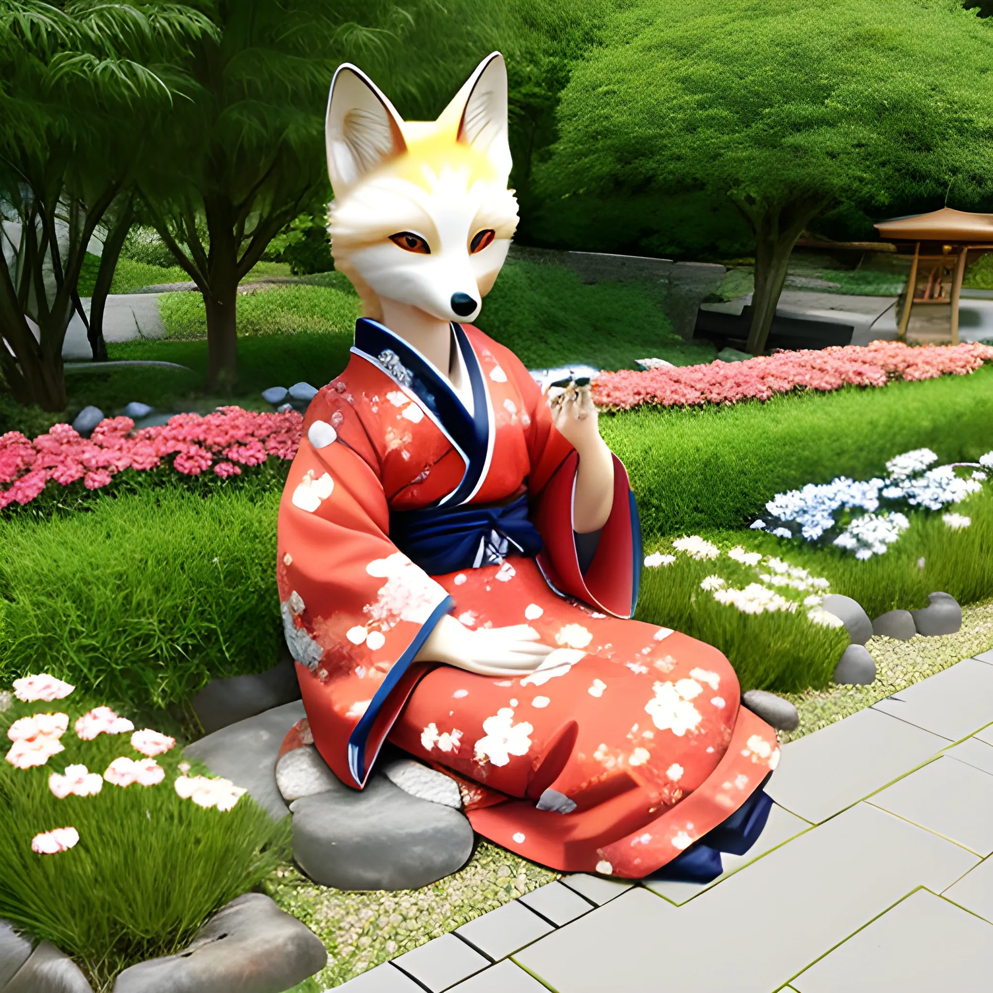 kitsune, summer, kimono, flowerbed, sitting, petting fox