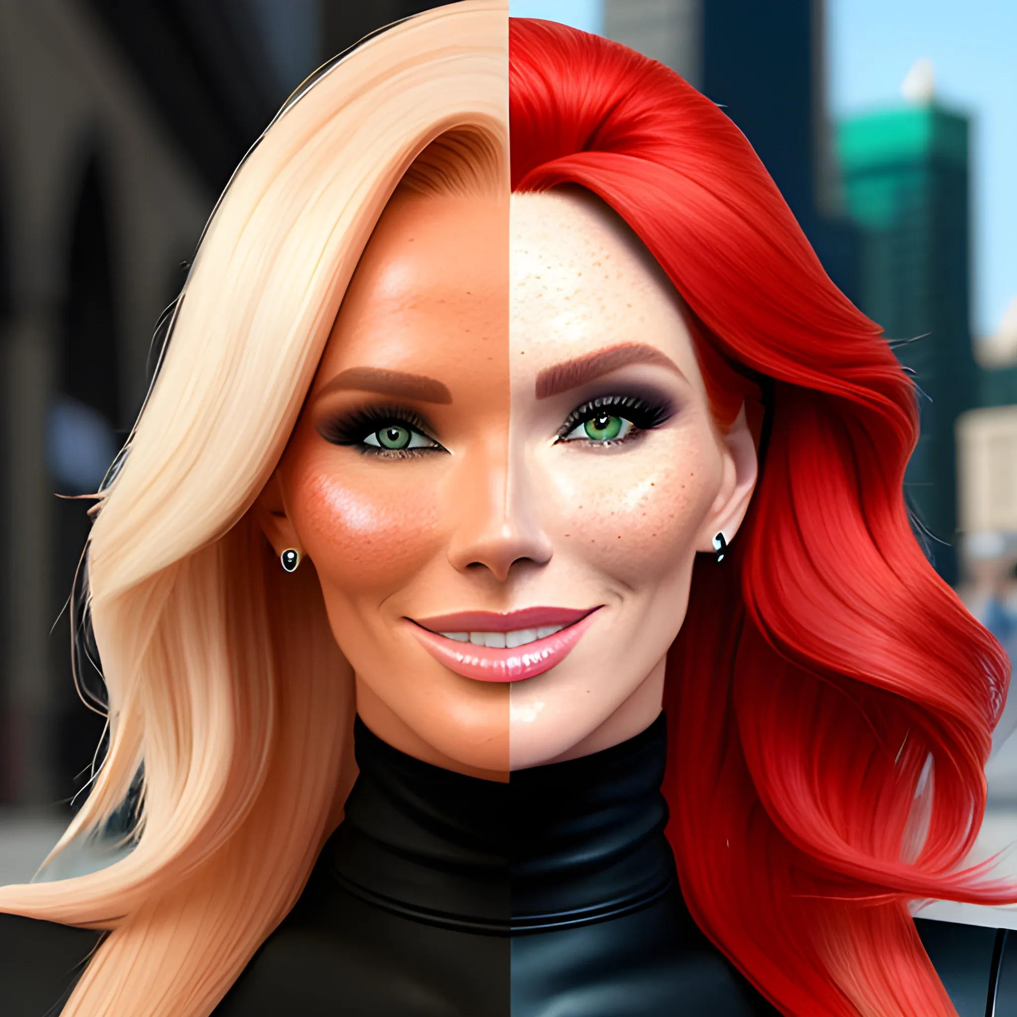 Amanda Holden / Shanina Shaik / Elsa Hosk face morph, 3D, red hair, green eyes, freckles, 90's mall background, skate park